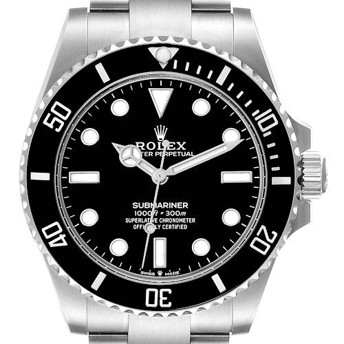 The image shows a front view of the Rolex Submariner watch, highlighting the dial, bezel, and part of the bracelet.