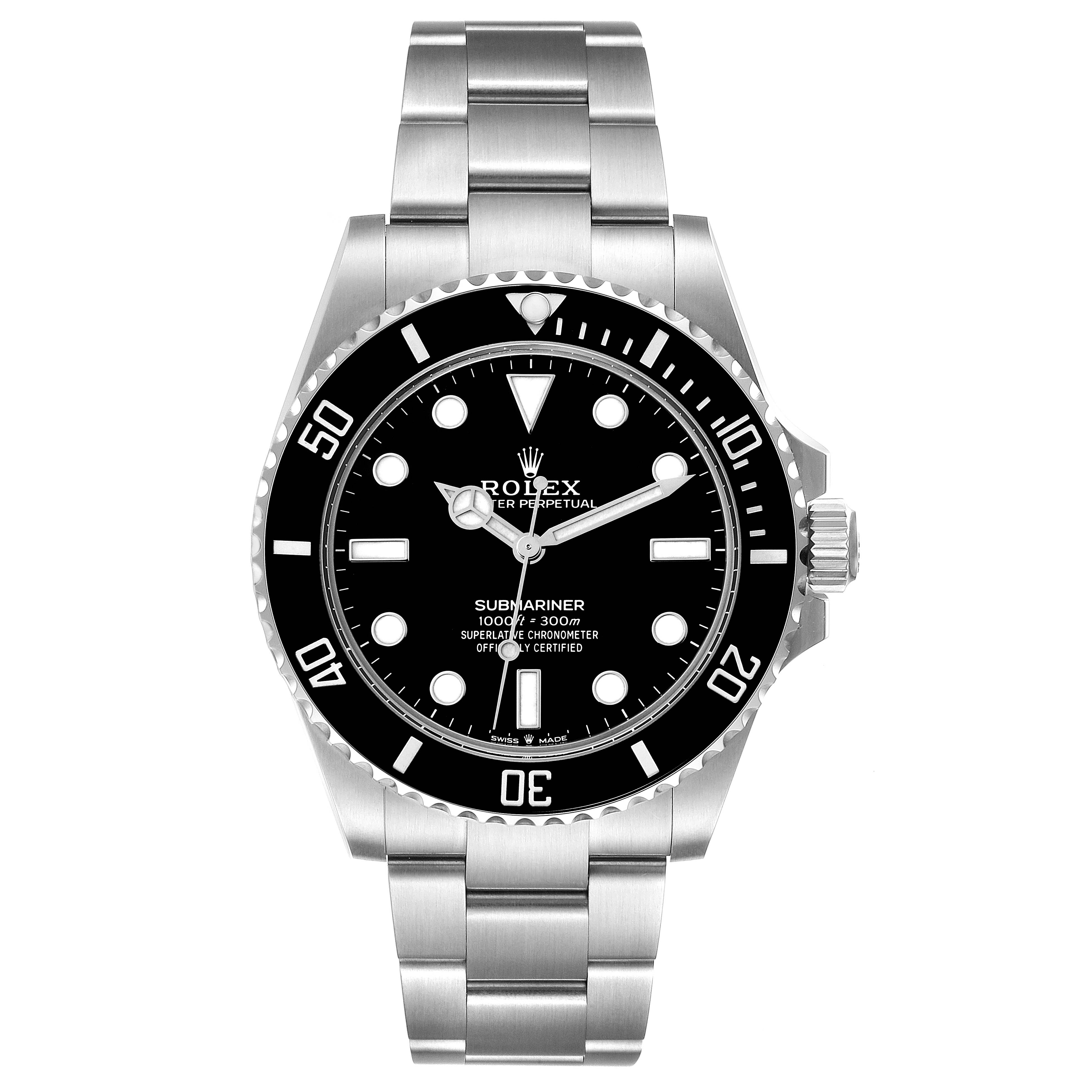 The image shows a front view of the Rolex Submariner 124060 Men
s Stainless Steel Black Dial 124060 Men
s Stainless Steel Black Dial, displaying the watch face, bezel, and bracelet.