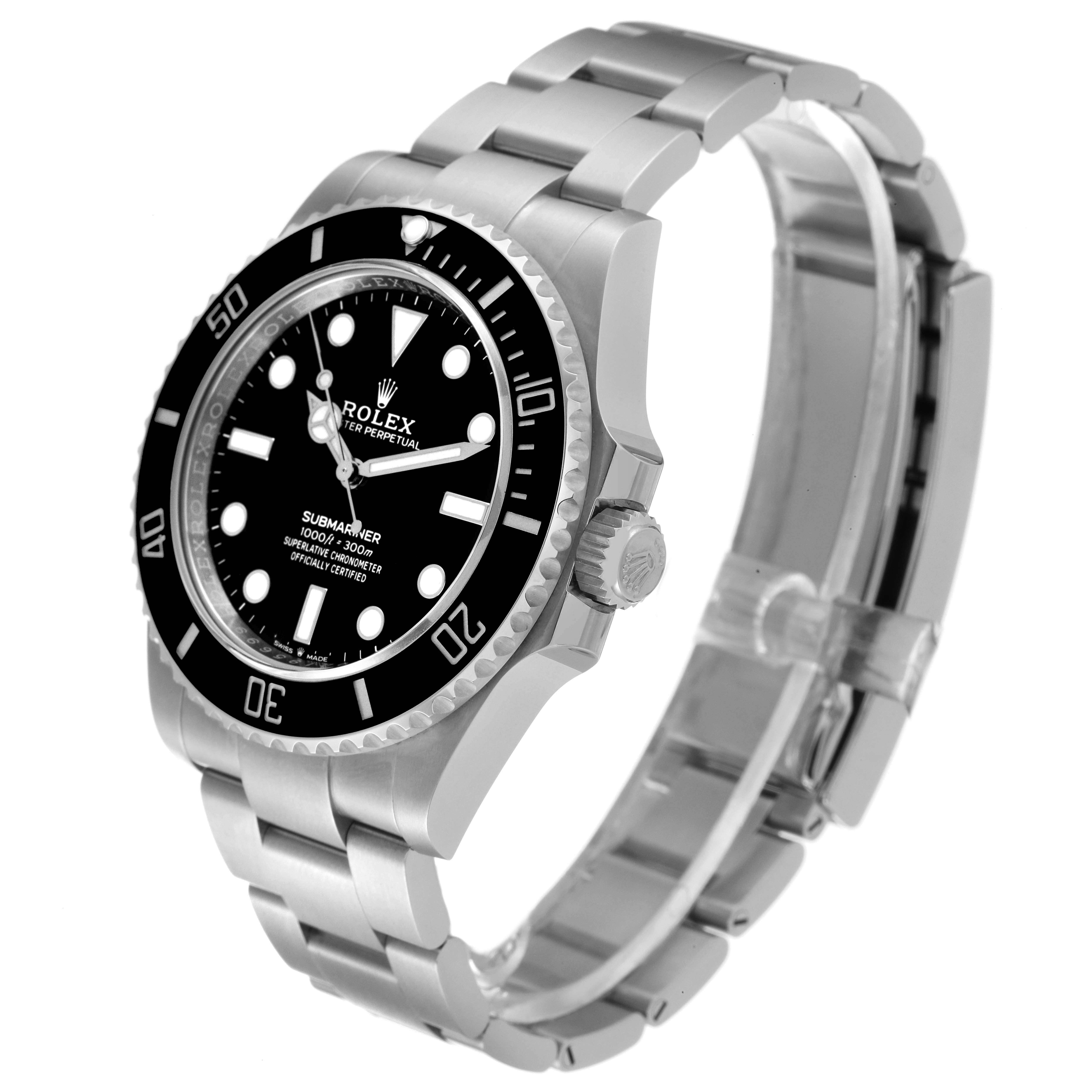 This image features a Rolex Submariner 124060 Men
s Stainless Steel Black Dial 124060 Men
s Stainless Steel Black Dial watch, showing a side profile angle complete with its black dial, bezel, and stainless steel bracelet.