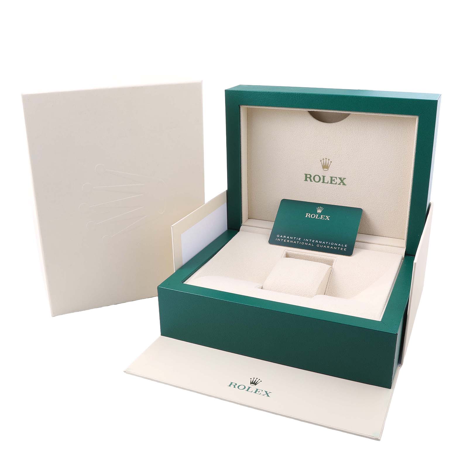 The image shows a Rolex Submariner 126610LN Men's Stainless Steel Black Dial watch box set at an angle, featuring the open box and warranty card.