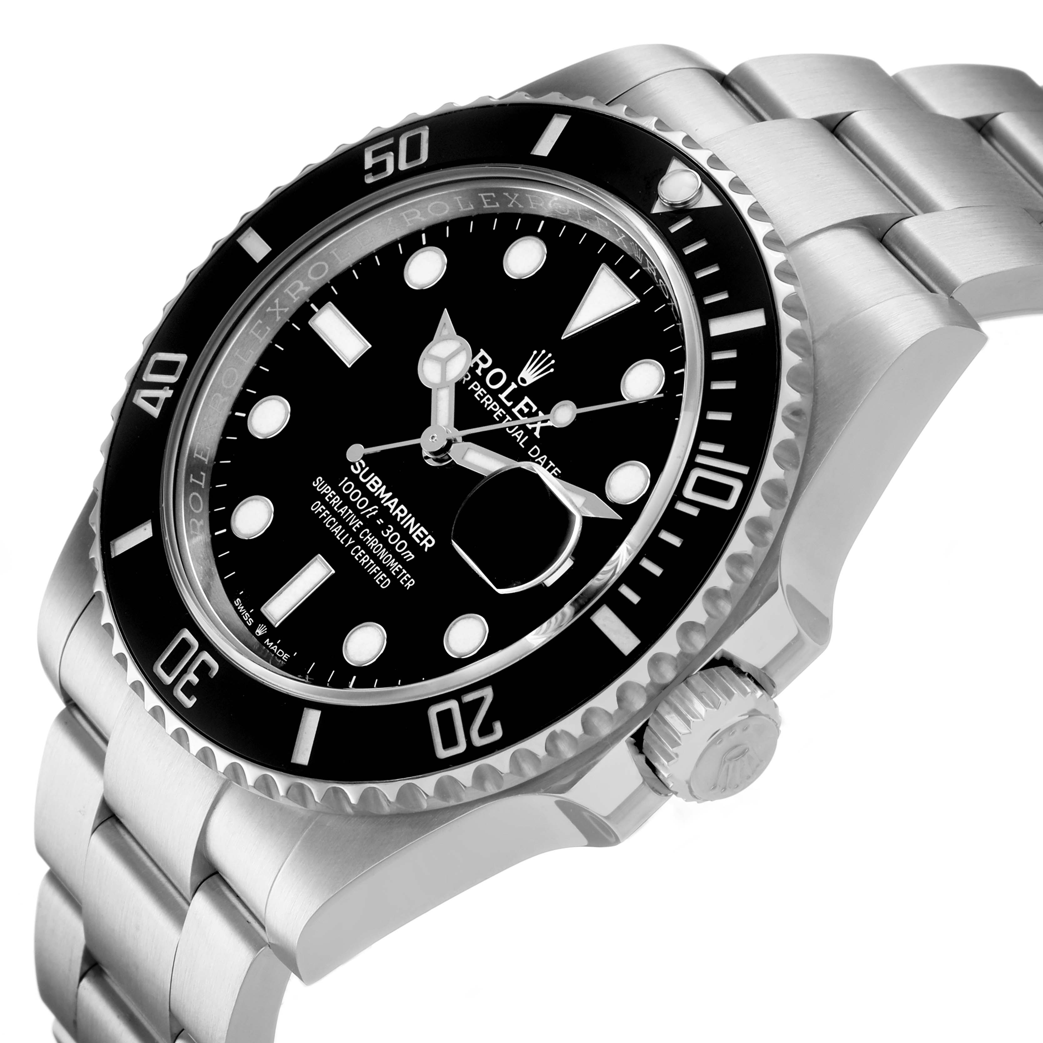 The Rolex Submariner 126610LN Men's Stainless Steel Black Dial watch is shown at an angle highlighting the dial, bezel, and stainless steel bracelet.