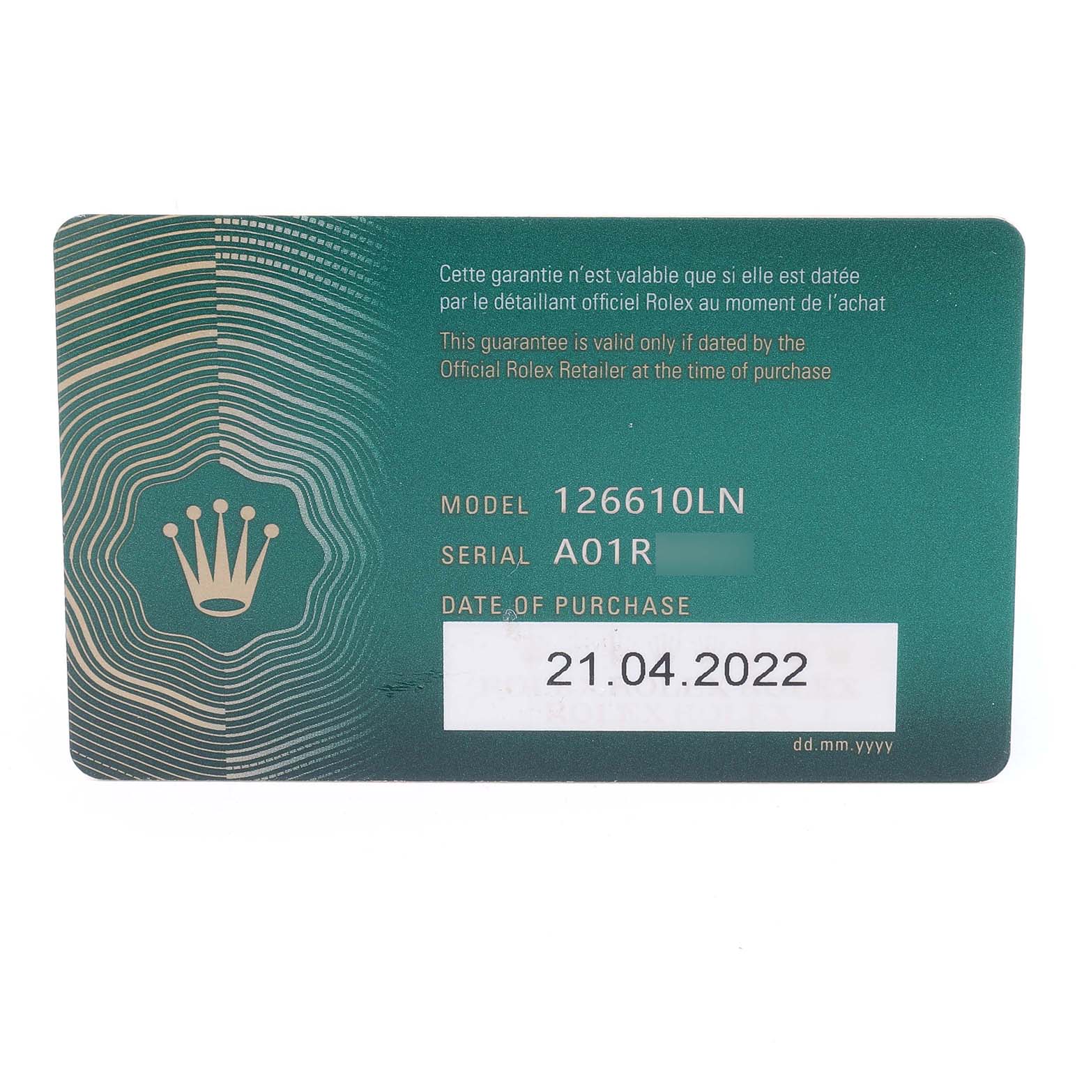 The image shows a warranty card for the Rolex Submariner 126610LN Men's Stainless Steel Black Dial model 126610LN, including the serial number and purchase date.