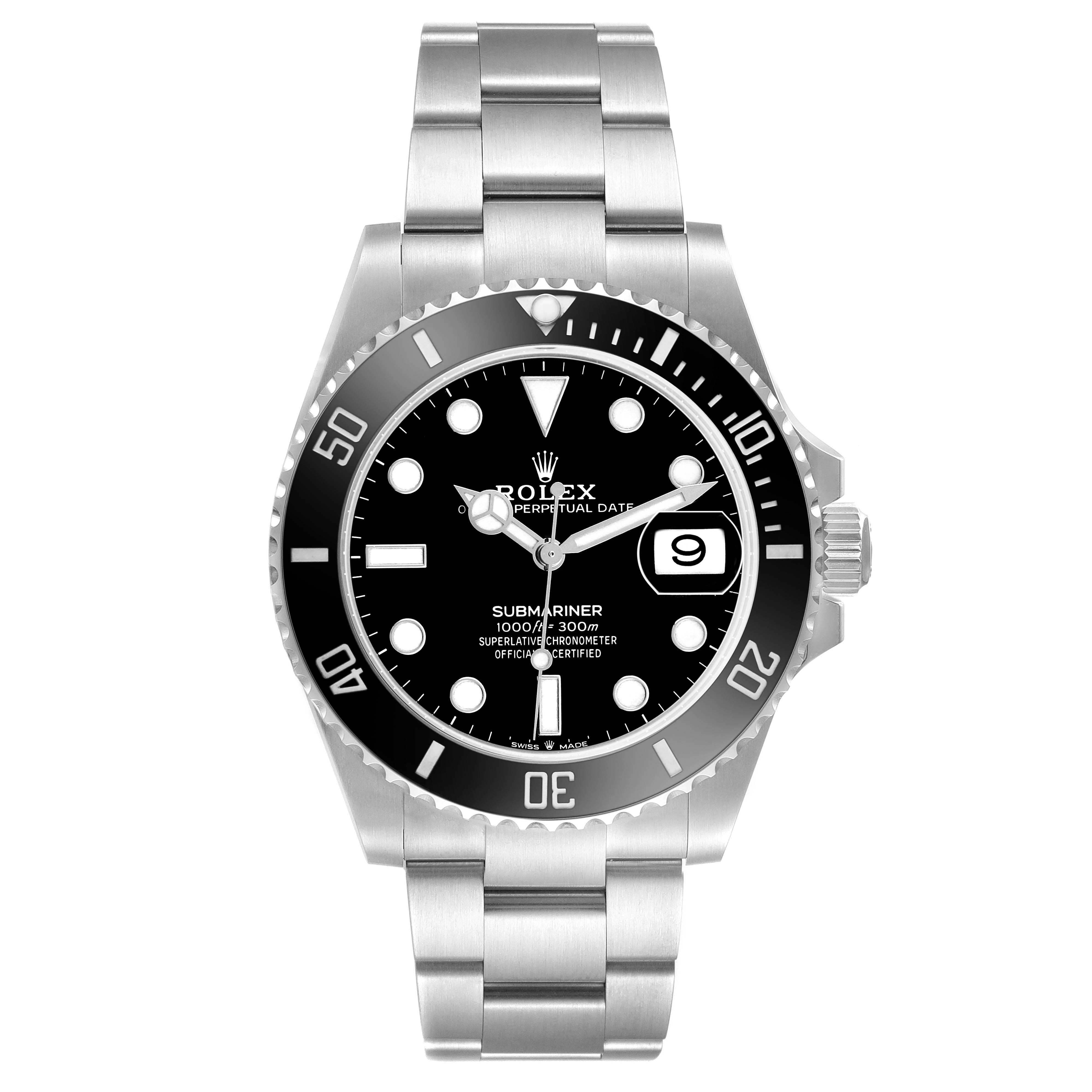 The Rolex Submariner 126610LN Men's Stainless Steel Black Dial is shown from a front angle, displaying its face, bezel, and bracelet.