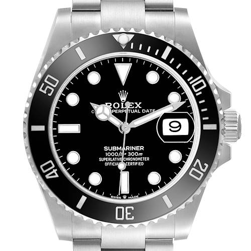 The Rolex Submariner 126610LN Men's Stainless Steel Black Dial watch is shown from a front angle, highlighting the face, bezel, and part of the bracelet.