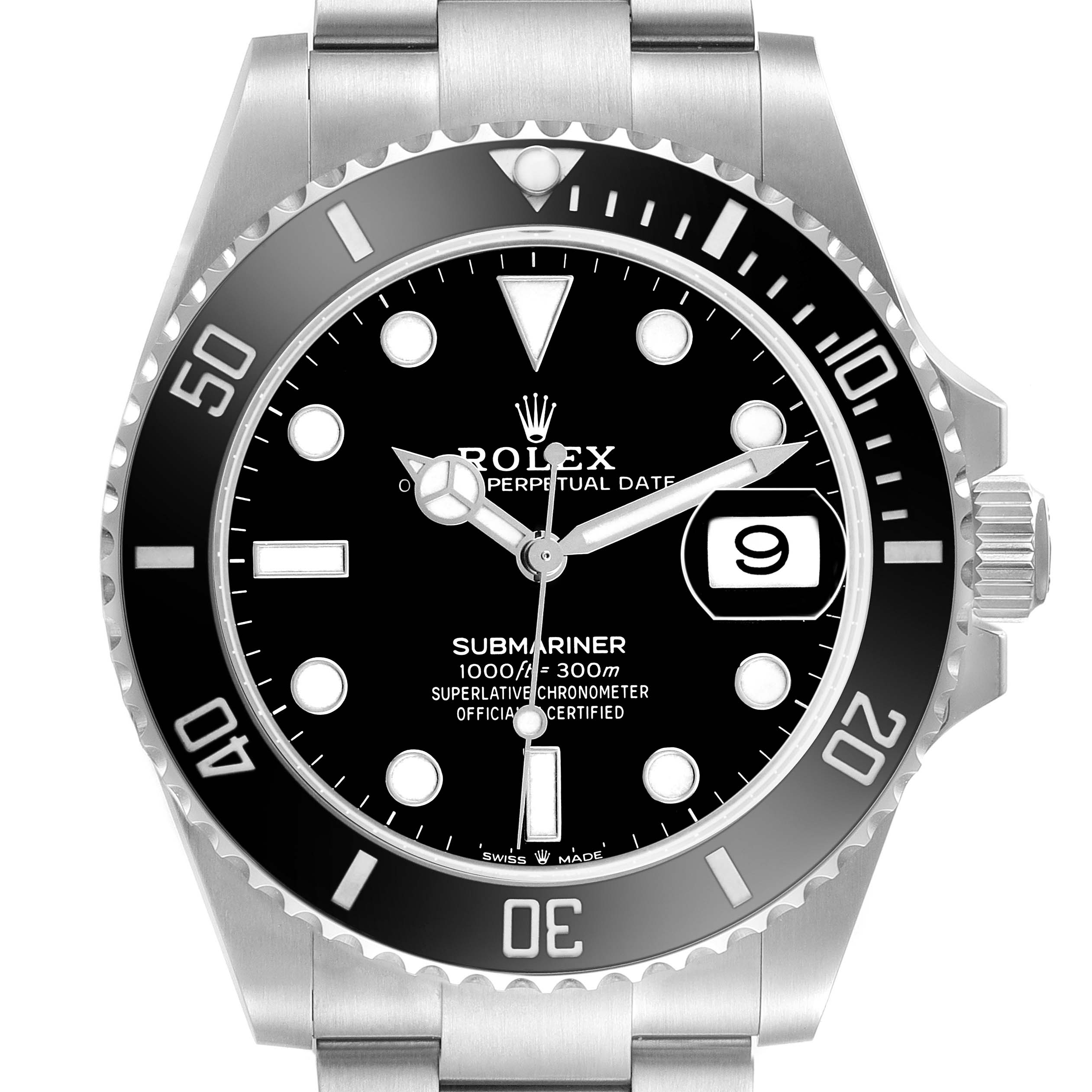 The Rolex Submariner 126610LN Men's Stainless Steel Black Dial watch is shown from a front angle, highlighting the dial, bezel, and date function.