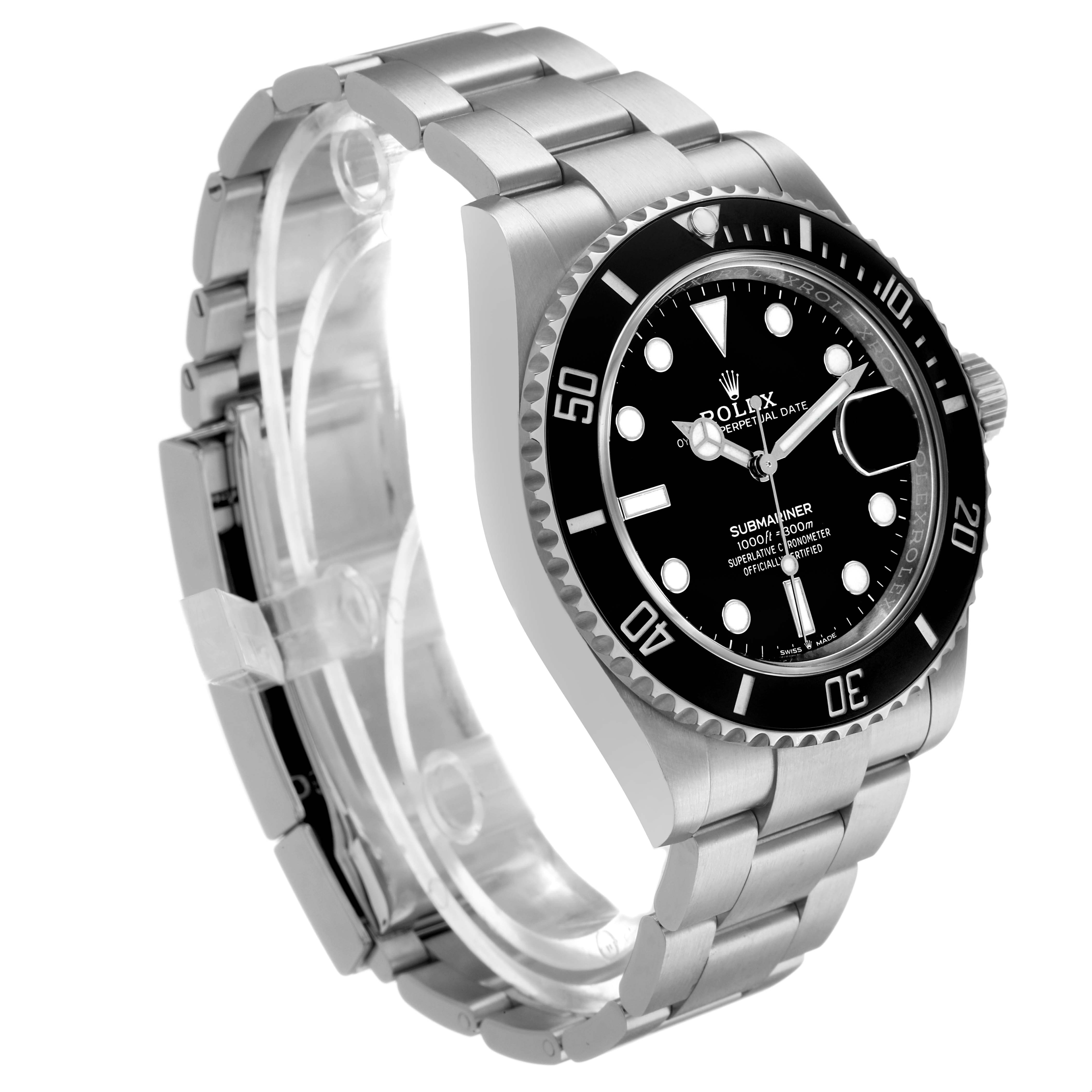 The Rolex Submariner 126610LN Men's Stainless Steel Black Dial watch is shown at a three-quarter angle, highlighting its bezel, face, bracelet, and crown.