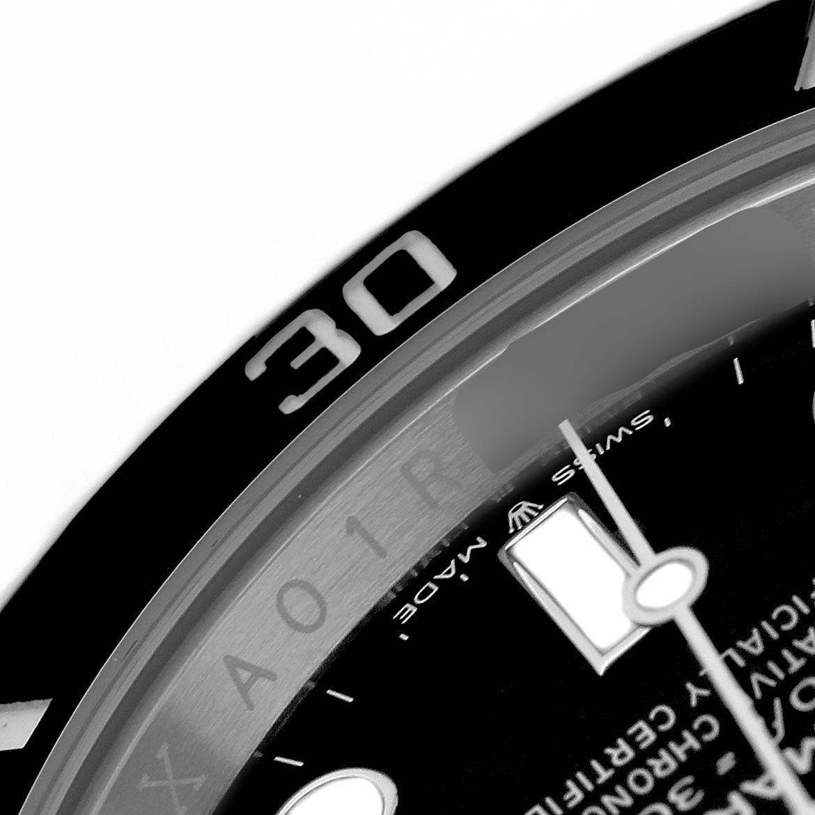 The image shows a close-up of the bezel and part of the dial of a Rolex Submariner 126610LN Men's Stainless Steel Black Dial, highlighting the "30" mark.