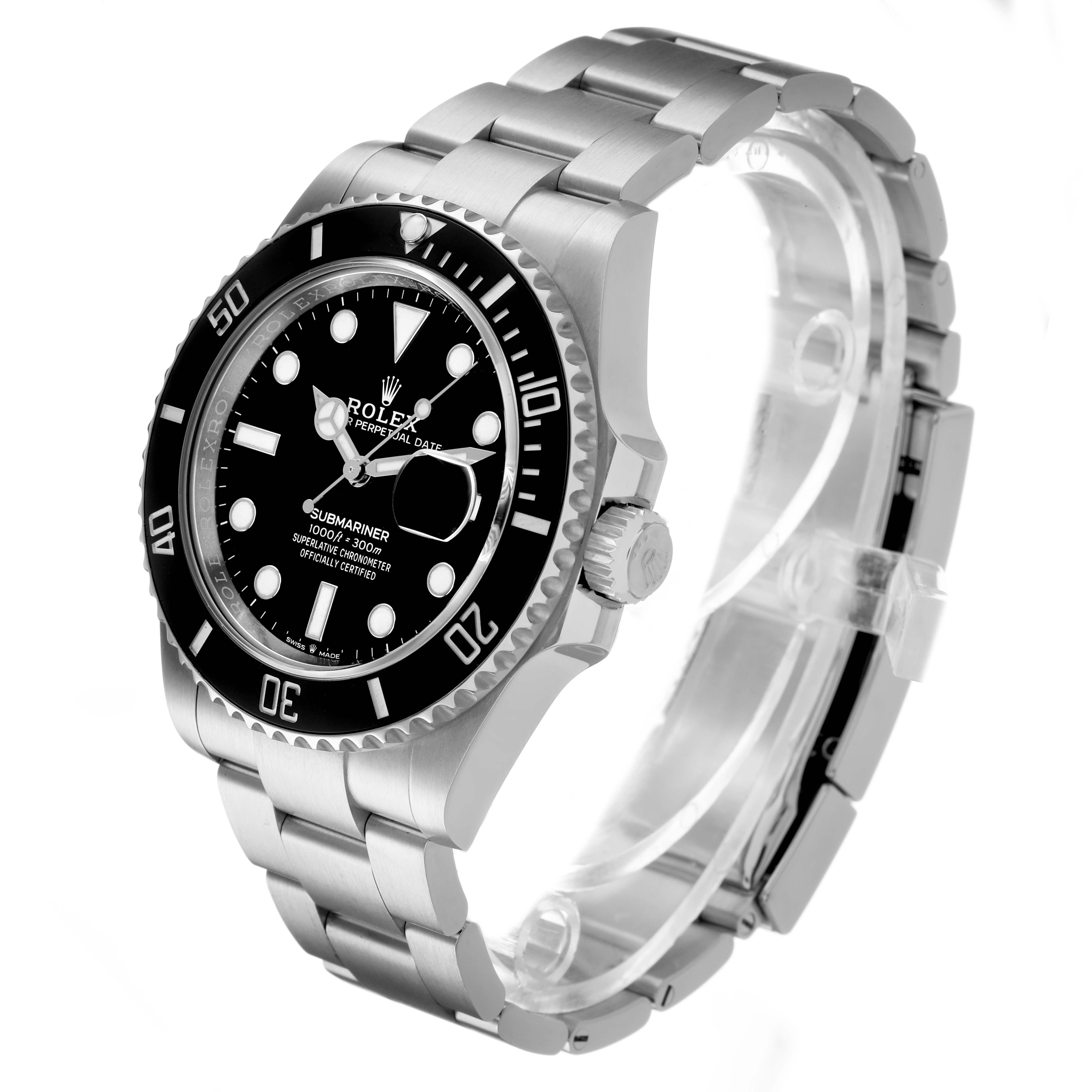 The Rolex Submariner 126610LN Men's Stainless Steel Black Dial watch is shown at a three-quarter angle, featuring the bezel, dial, and bracelet prominently.