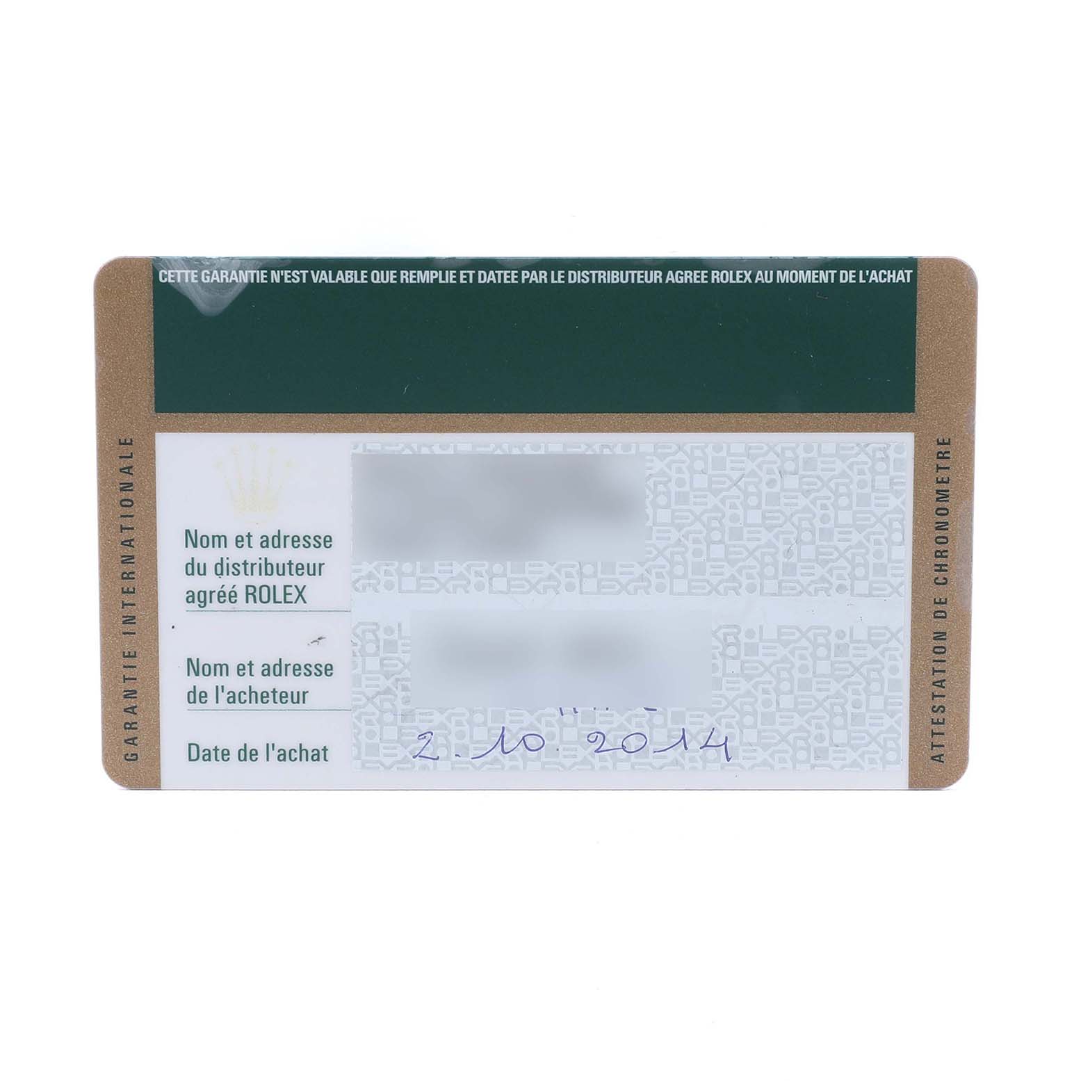 The image shows a Rolex Submariner 116610LV Men's Stainless Steel Green Dial warranty card from a top-down angle, displaying the name, purchase date, and a partial design.
