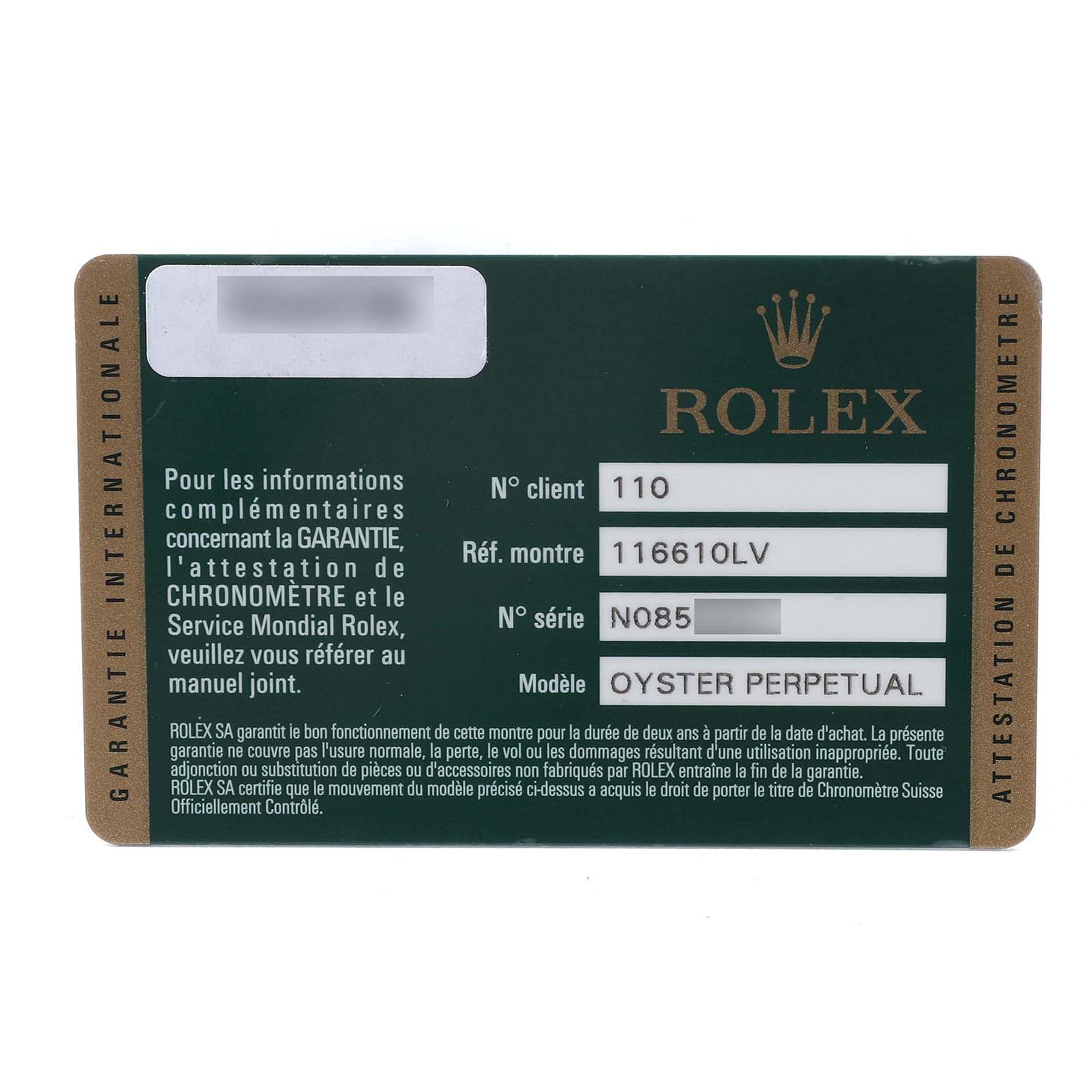The image shows a Rolex warranty card for a Submariner model, displaying information such as reference and serial numbers.