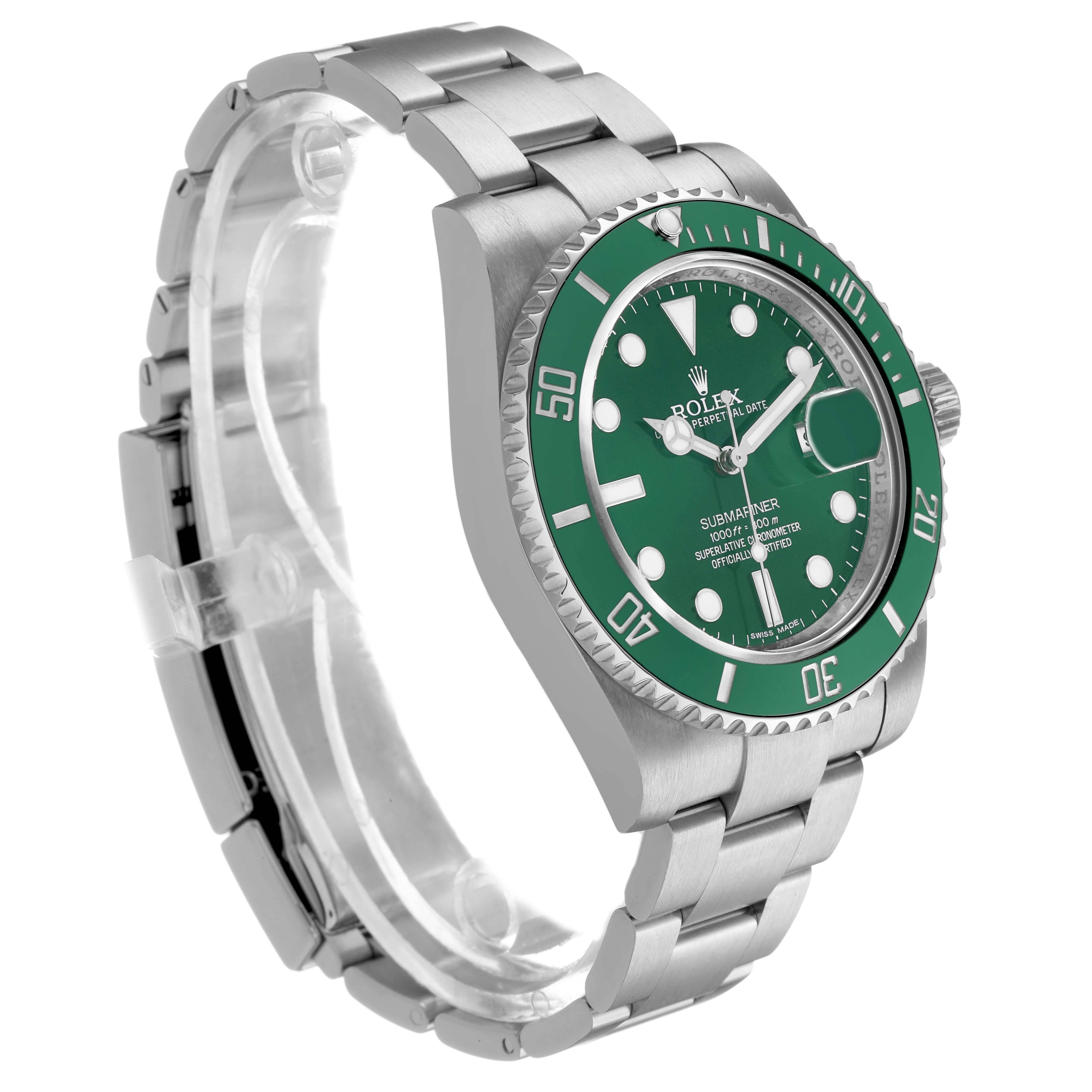 The Rolex Submariner 116610LV Men's Stainless Steel Green Dial watch is shown from a three-quarter angle, highlighting its green bezel, dial, and stainless steel bracelet.
