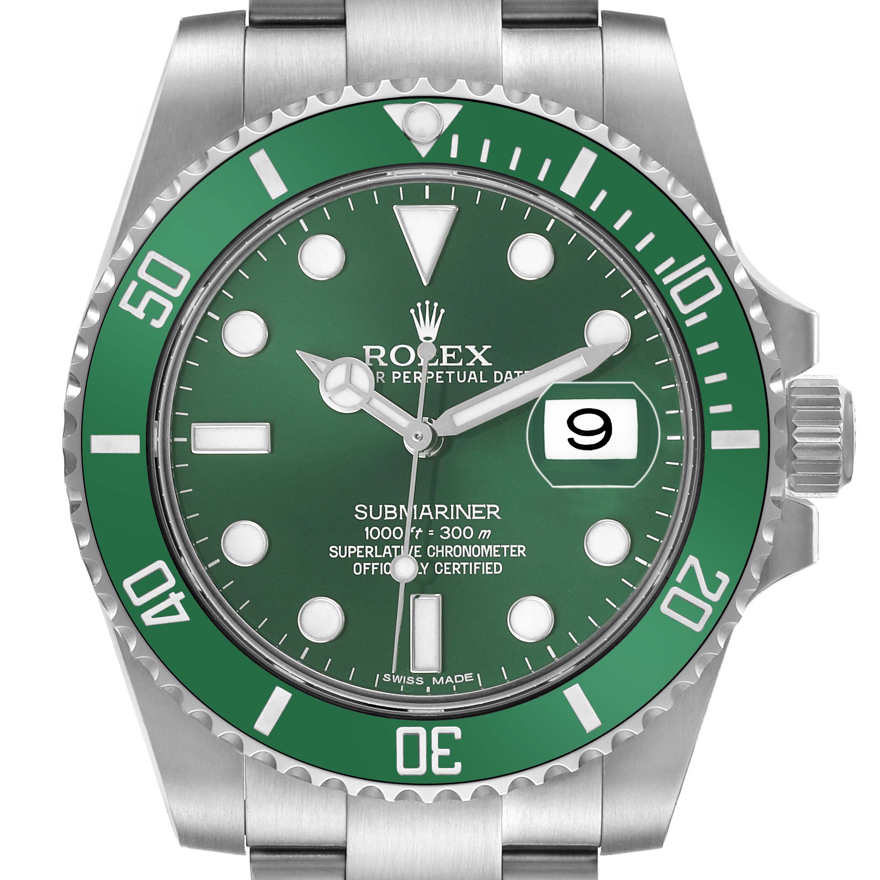 The Rolex Submariner 116610LV Men's Stainless Steel Green Dial watch is shown front-on, highlighting its green bezel, dial, and bracelet.