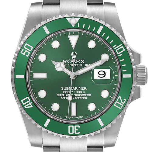 The Rolex Submariner 116610LV Men's Stainless Steel Green Dial watch is shown from a top-down angle, highlighting its green bezel and dial, and the date window.