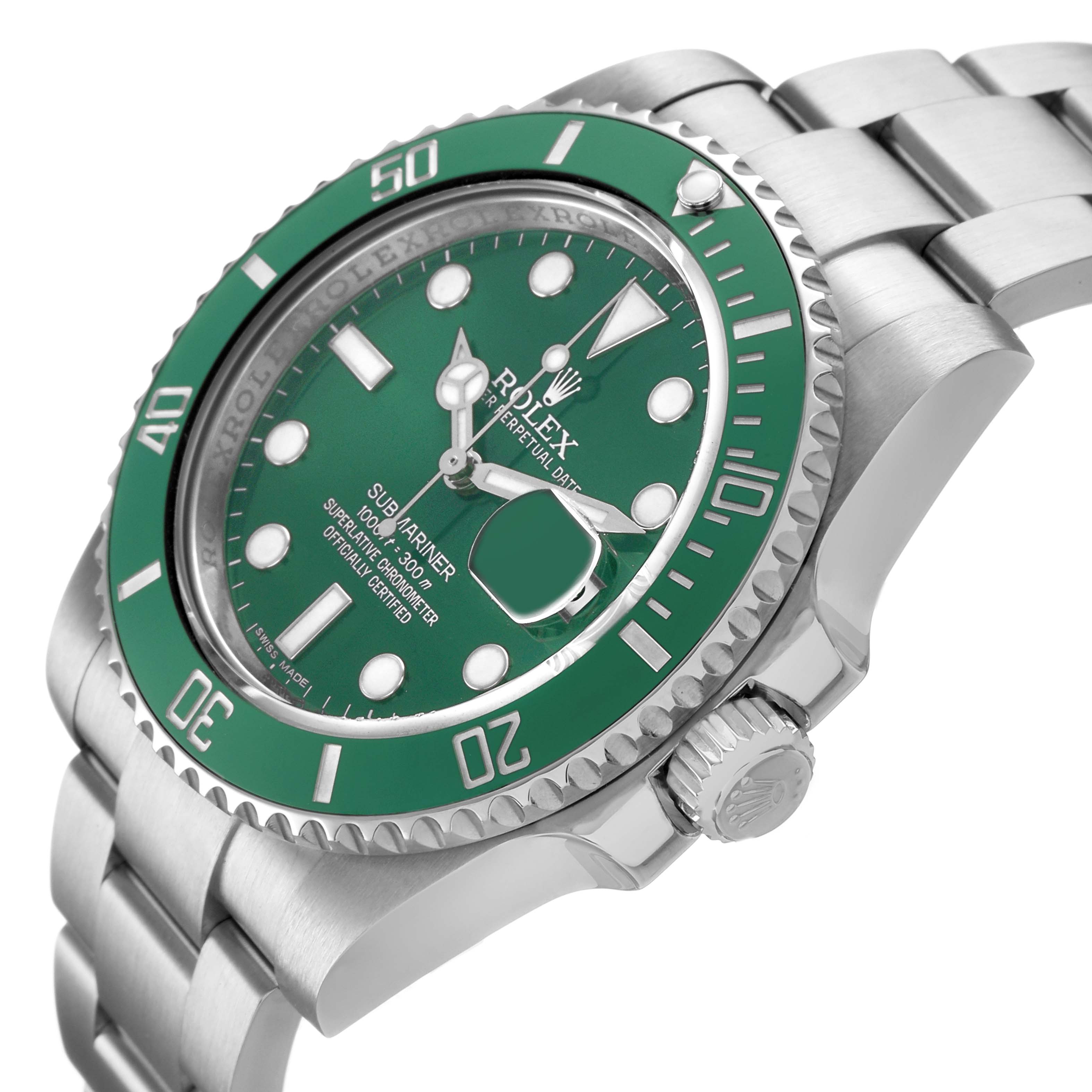 The image shows a Rolex Submariner 116610LV Men's Stainless Steel Green Dial angled from the front-right, highlighting the green bezel, dial, and stainless steel bracelet.