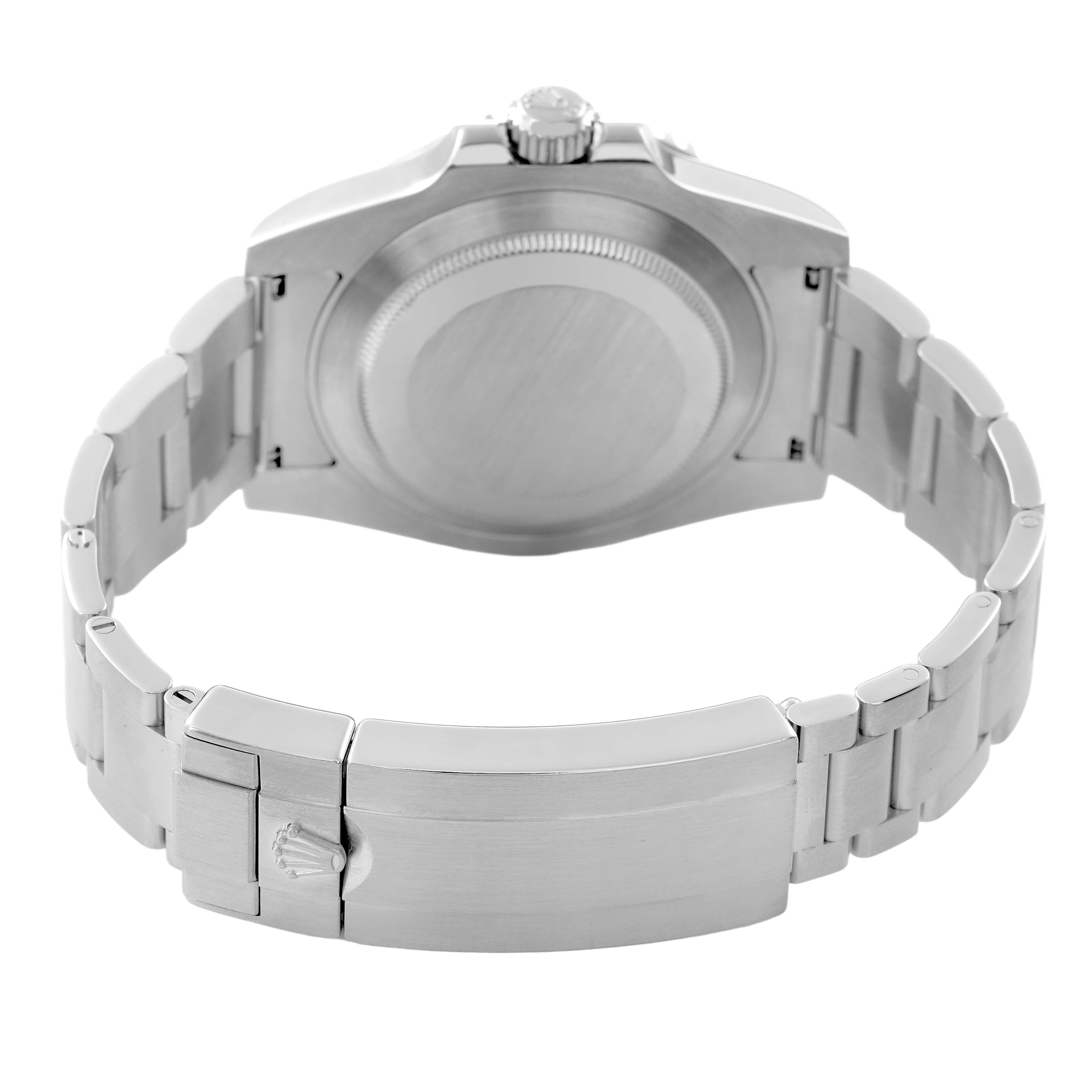 The image shows a Rolex Submariner 116610LV Men's Stainless Steel Green Dial watch from the back, highlighting the bracelet, clasp, and case back.