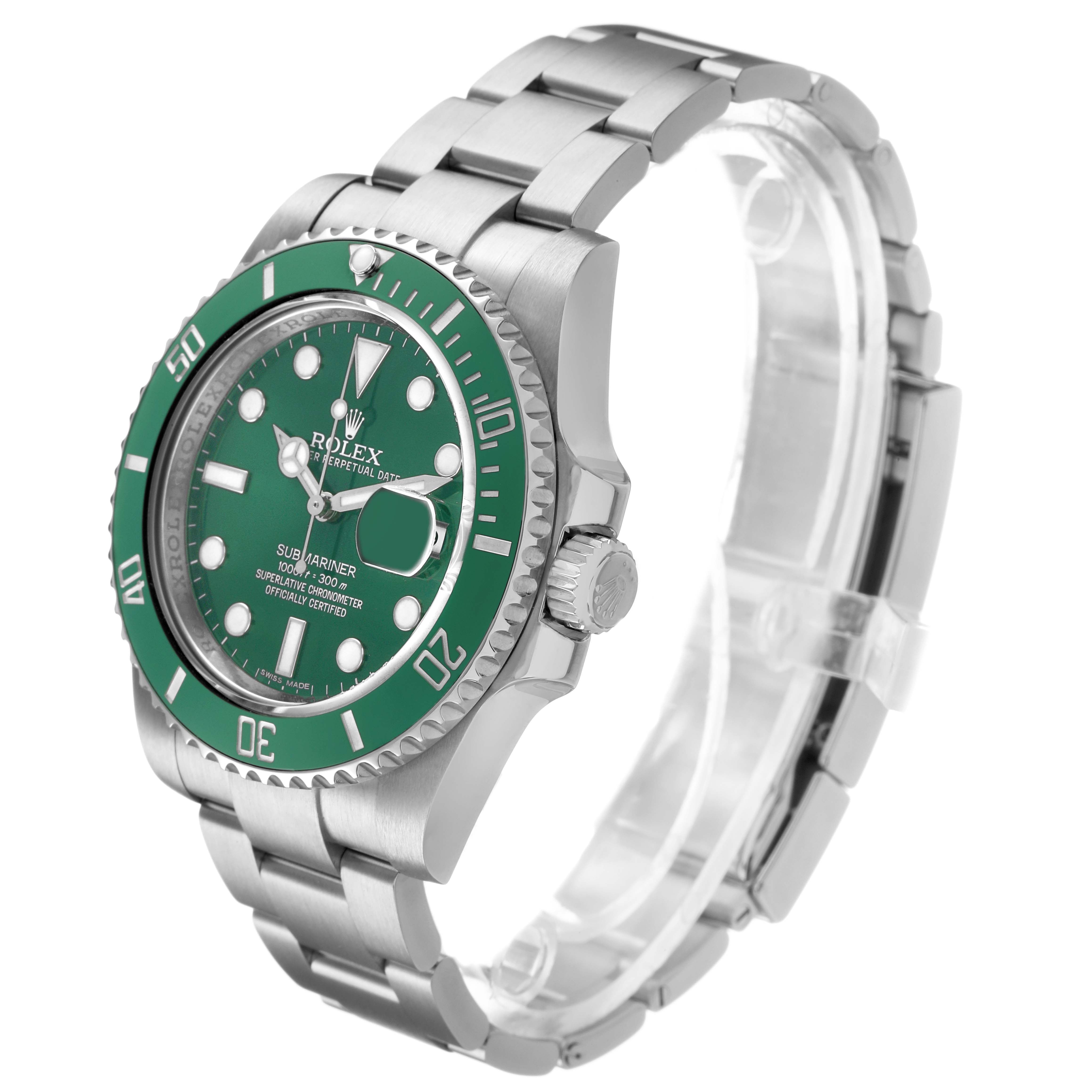 The Rolex Submariner 116610LV Men's Stainless Steel Green Dial watch is shown at an angle highlighting the green dial, bezel, crown, and stainless steel bracelet.