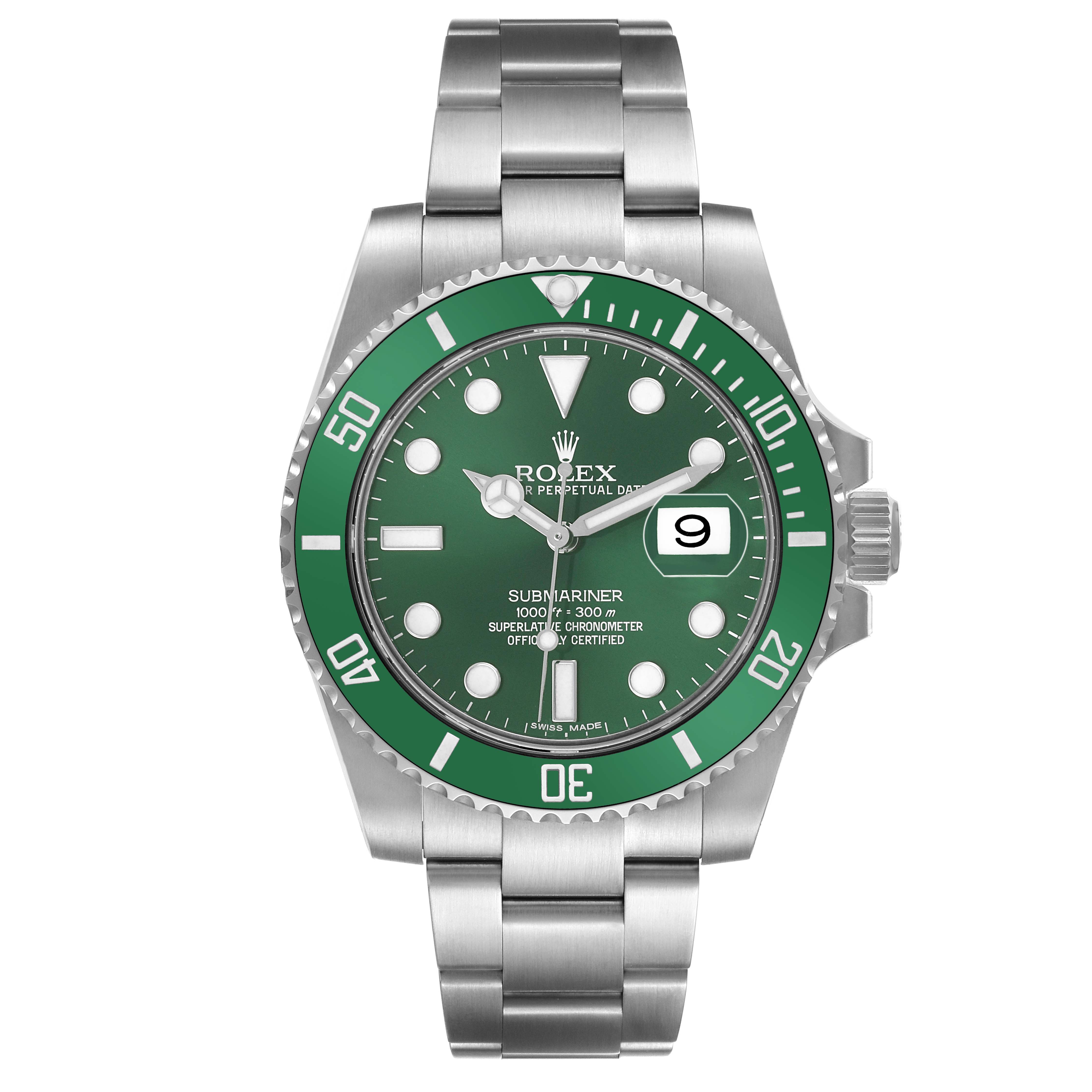 The Rolex Submariner 116610LV Men's Stainless Steel Green Dial watch is shown from the front, displaying its green dial, bezel, and metal bracelet.