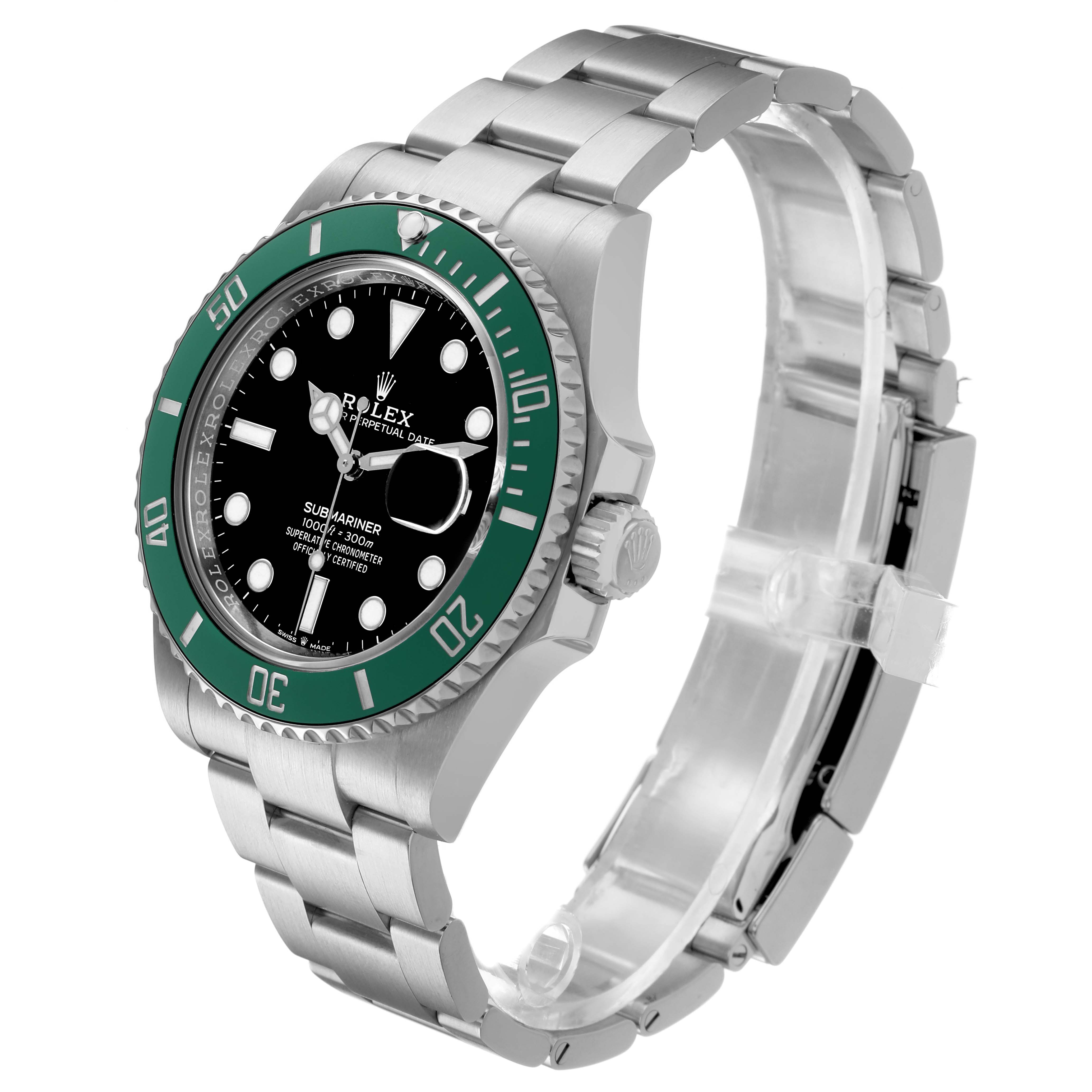 The Rolex Submariner 126610LV Men's Stainless Steel Black Dial watch is shown from a three-quarter angle, highlighting its green bezel, black dial, and stainless steel bracelet.