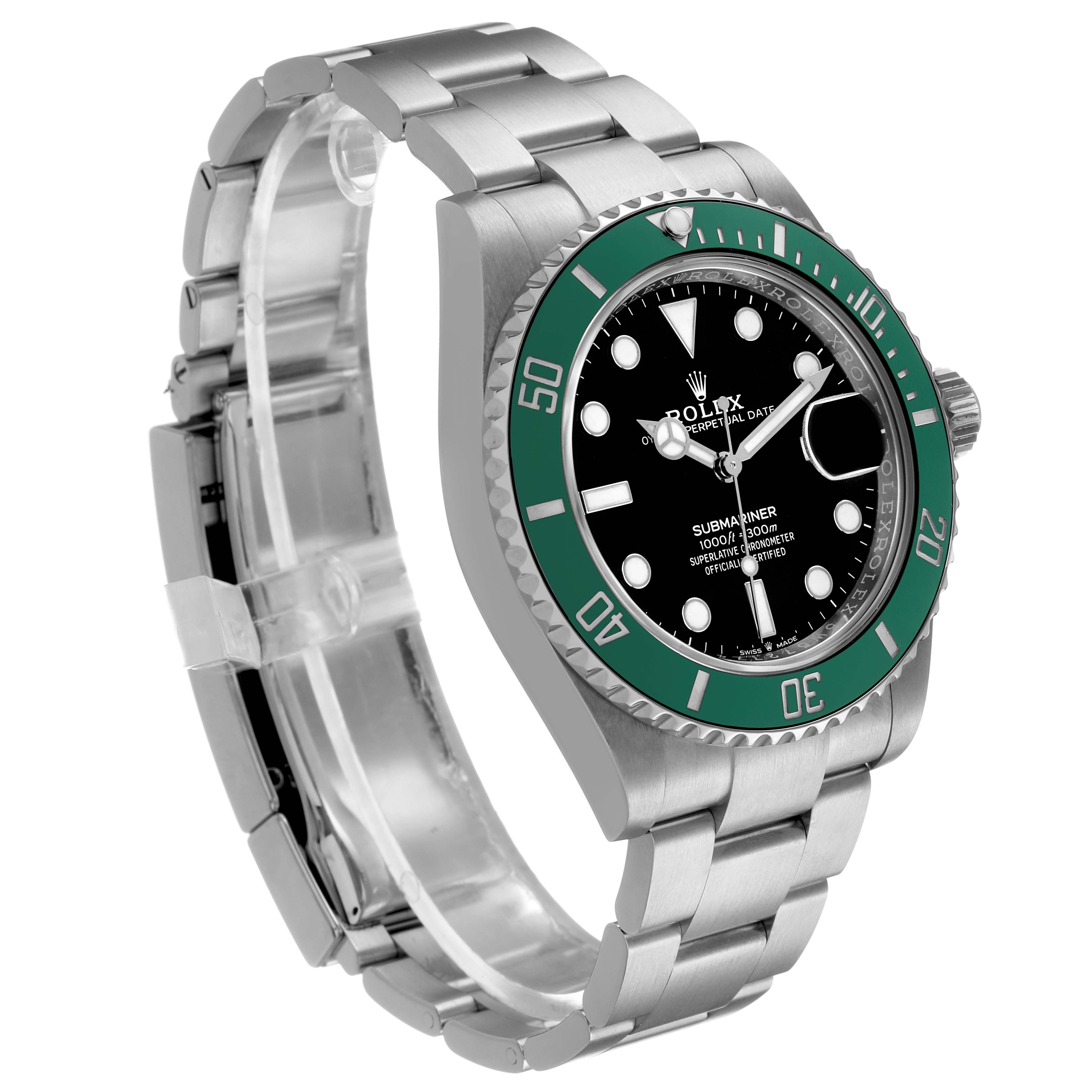 The Rolex Submariner 126610LV Men's Stainless Steel Black Dial is shown at a front angle, displaying the face, bezel, and bracelet.