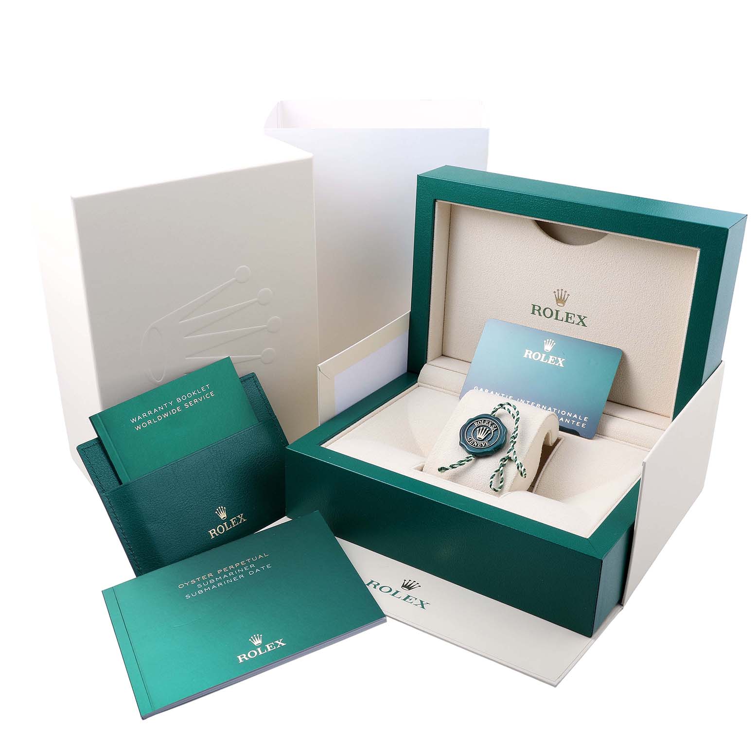 The Rolex Submariner 126610LV Men's Stainless Steel Black Dial package includes its box, warranty booklet, user manual, and a tag.