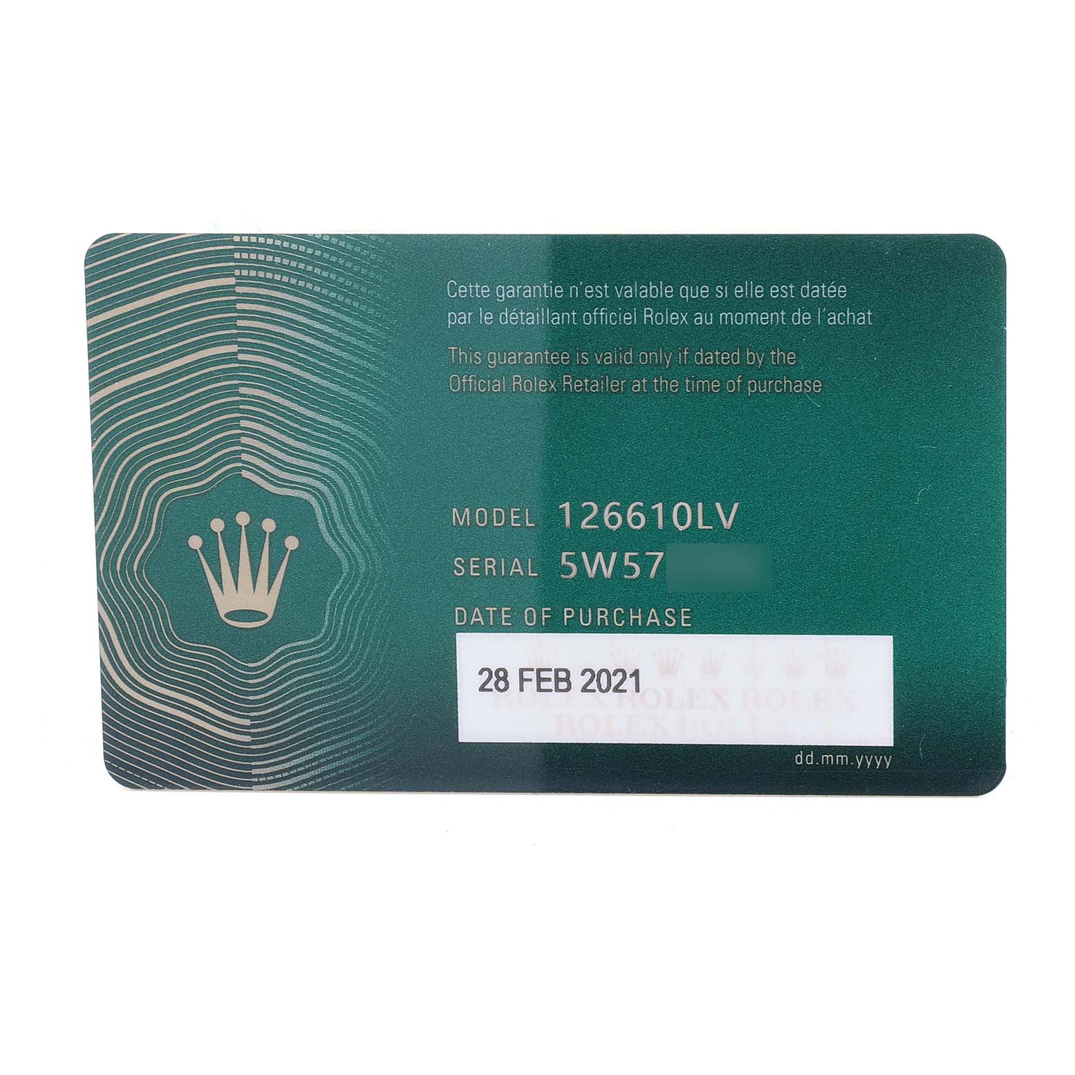 The image shows a warranty card for the Rolex Submariner 126610LV Men's Stainless Steel Black Dial model 126610LV with details like the serial number and purchase date.
