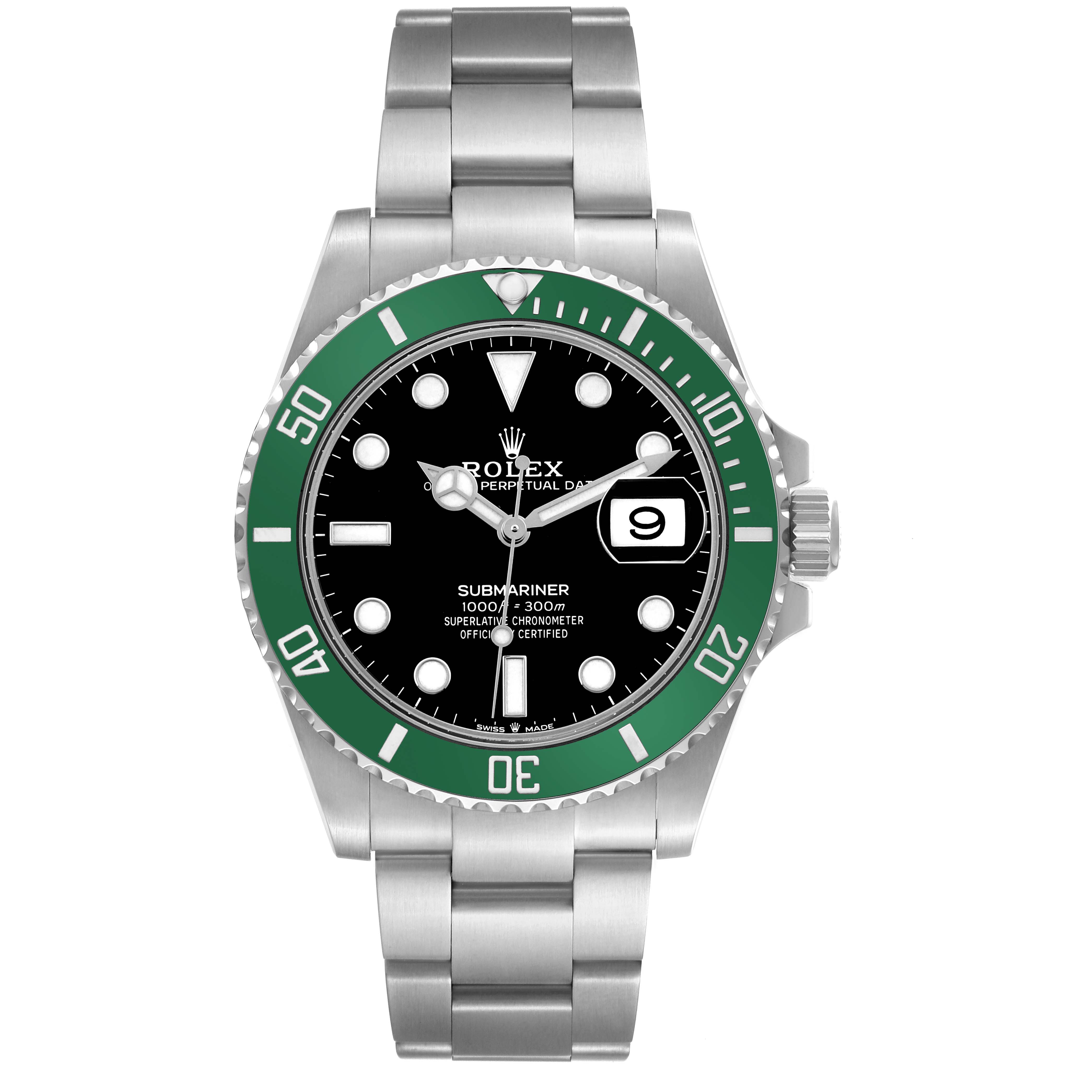 The Rolex Submariner 126610LV Men's Stainless Steel Black Dial is shown from a front view, displaying the green bezel, black dial, and stainless steel bracelet.