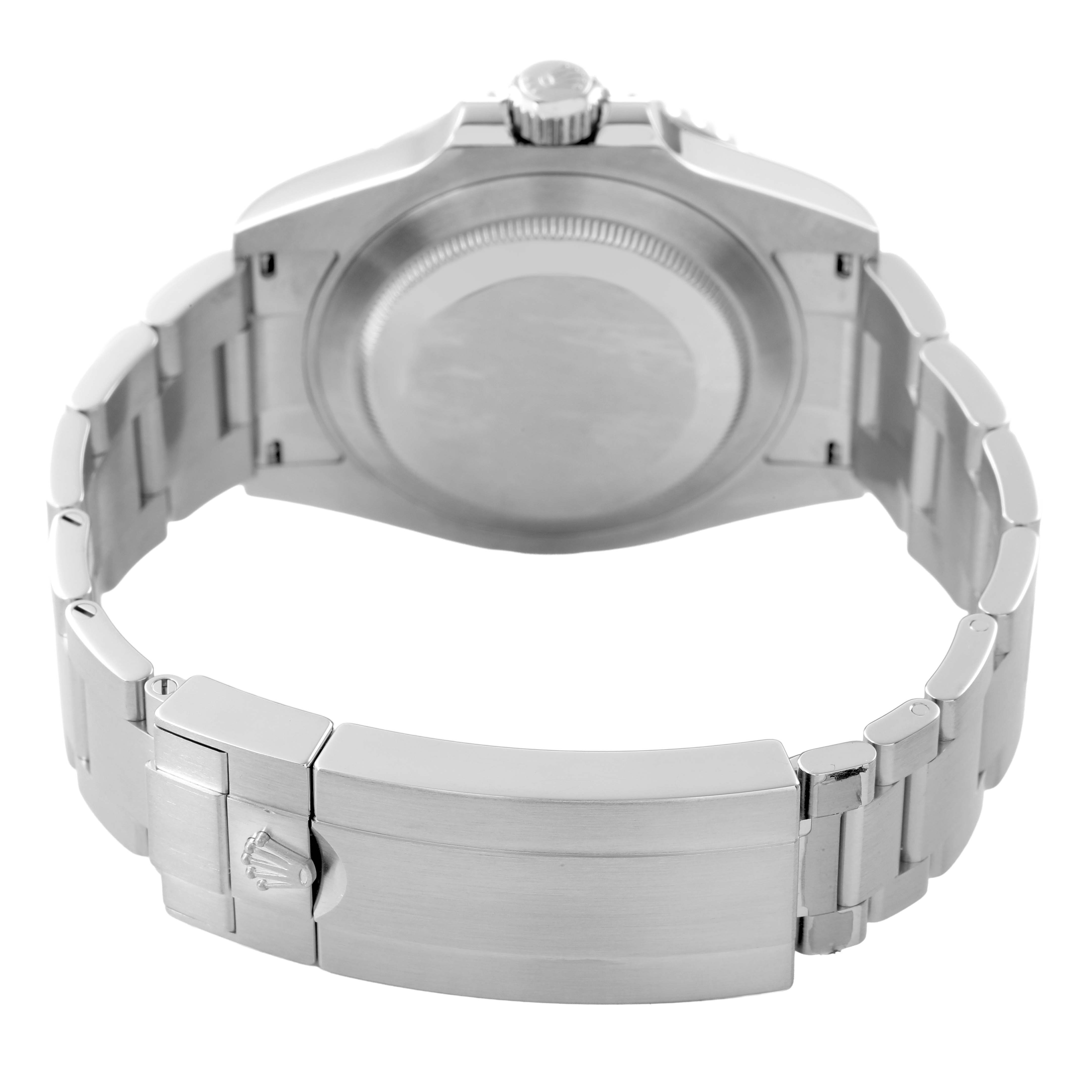 The image shows the case back and bracelet clasp of a Rolex Submariner 126610LV Men's Stainless Steel Black Dial from a rear angle.