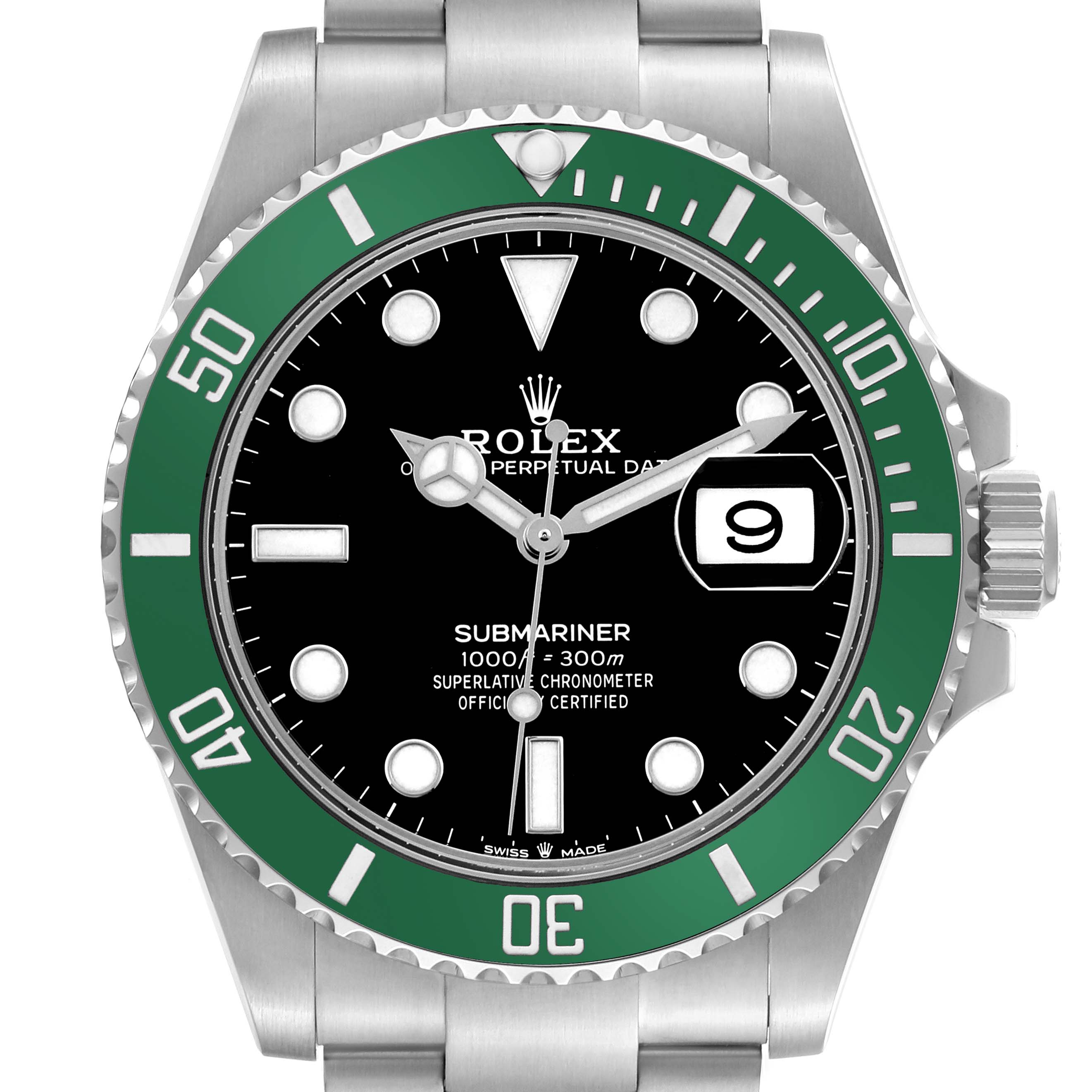 The Rolex Submariner 126610LV Men's Stainless Steel Black Dial watch is shown from the front, highlighting the green bezel, dial, and date window.