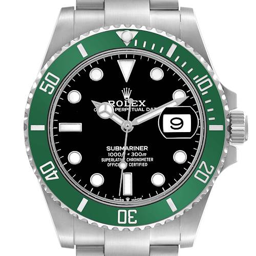 The Rolex Submariner 126610LV Men's Stainless Steel Black Dial is shown from the front, displaying its green bezel, black dial, and bracelet with a date window at 3 o'clock.