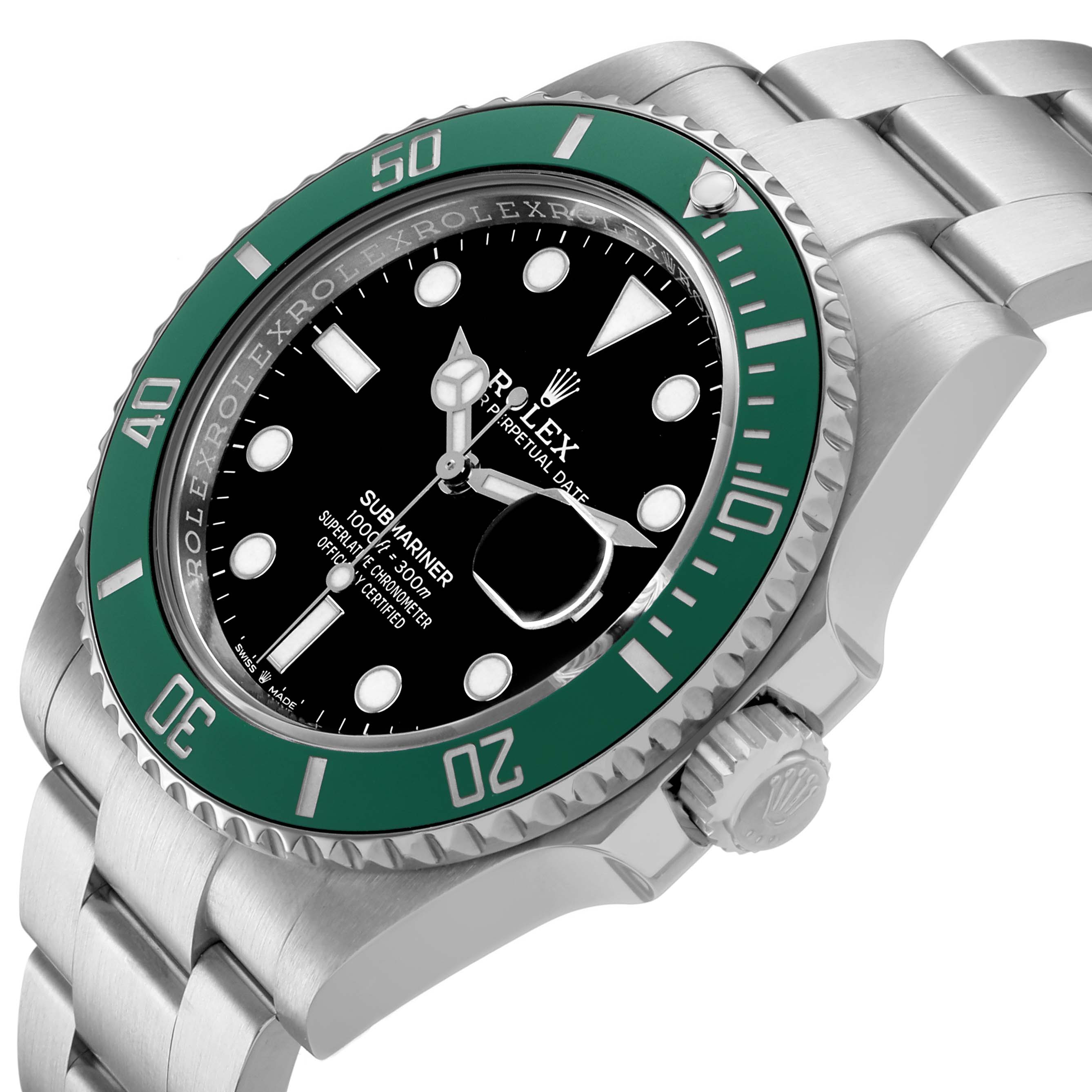 The Rolex Submariner 126610LV Men's Stainless Steel Black Dial is shown at an angle highlighting its green bezel, black dial, crown, and Oyster bracelet.