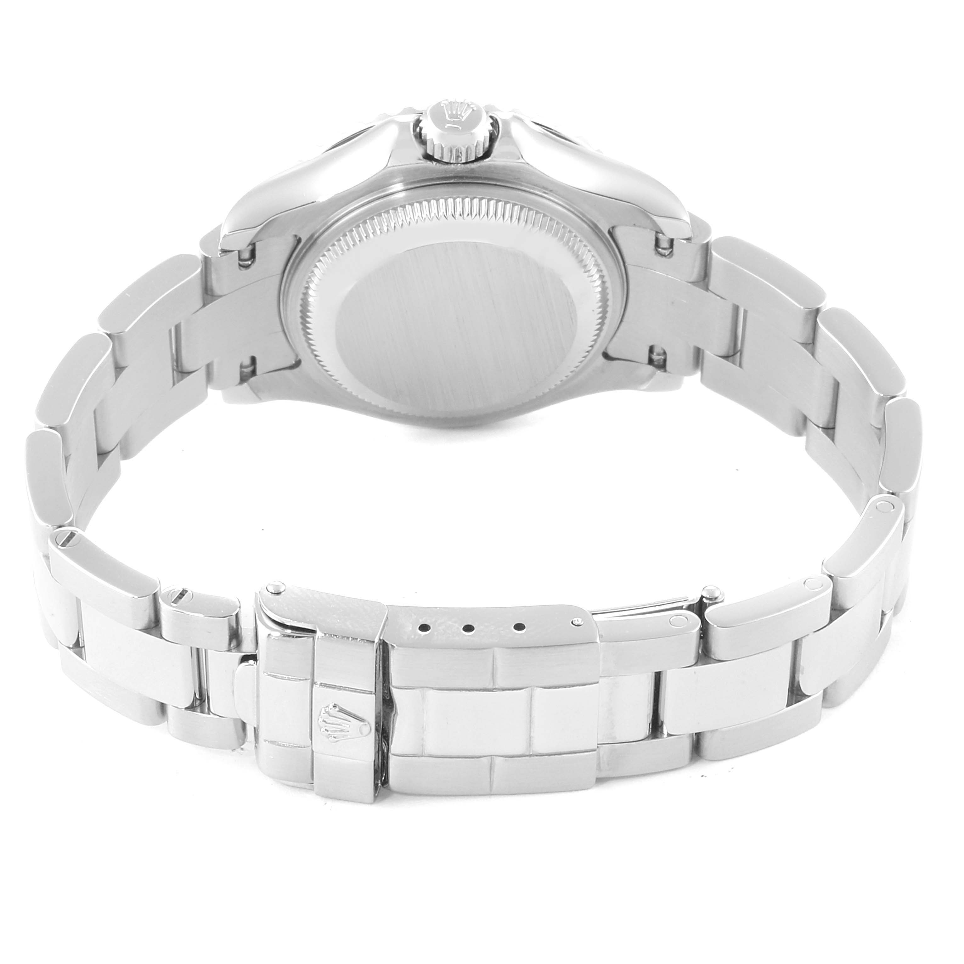 The image shows the back view of a Rolex Yacht-Master 169622 Women's Stainless Steel Silver Dial 169622 Women's Stainless Steel Silver Dial watch, highlighting its case back, bracelet, and clasp.