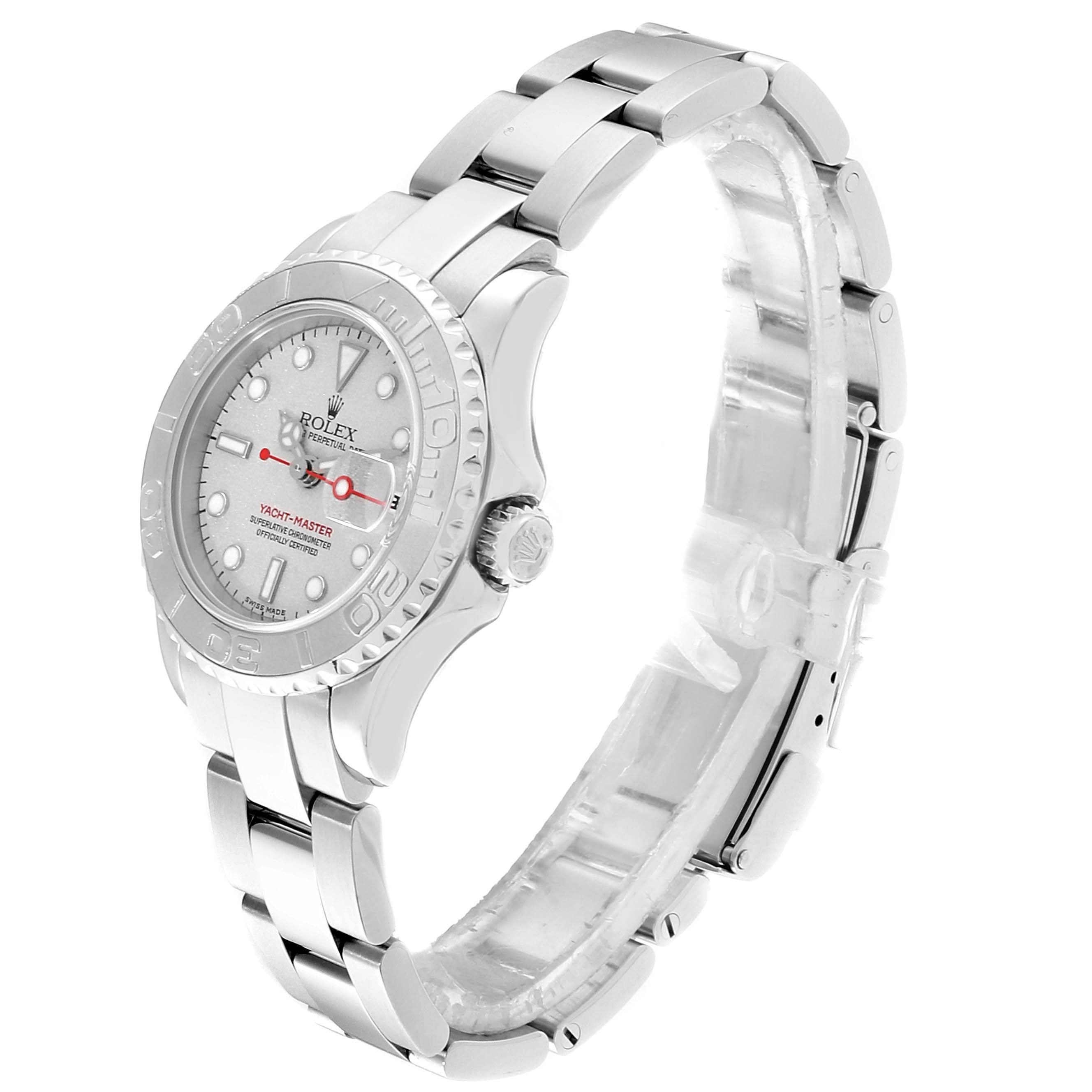 The Rolex Yacht-Master 169622 Women's Stainless Steel Silver Dial 169622 Women's Stainless Steel Silver Dial watch is shown at a slight angle, displaying the face, bezel, and bracelet.