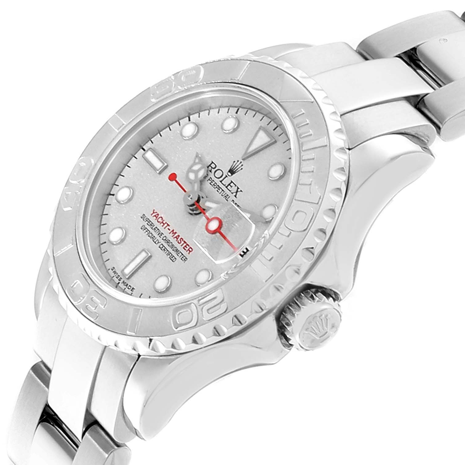 The image shows a close-up of the face and right side of the Rolex Yacht-Master 169622 Women's Stainless Steel Silver Dial 169622 Women's Stainless Steel Silver Dial watch, highlighting its bezel, dial, and crown.