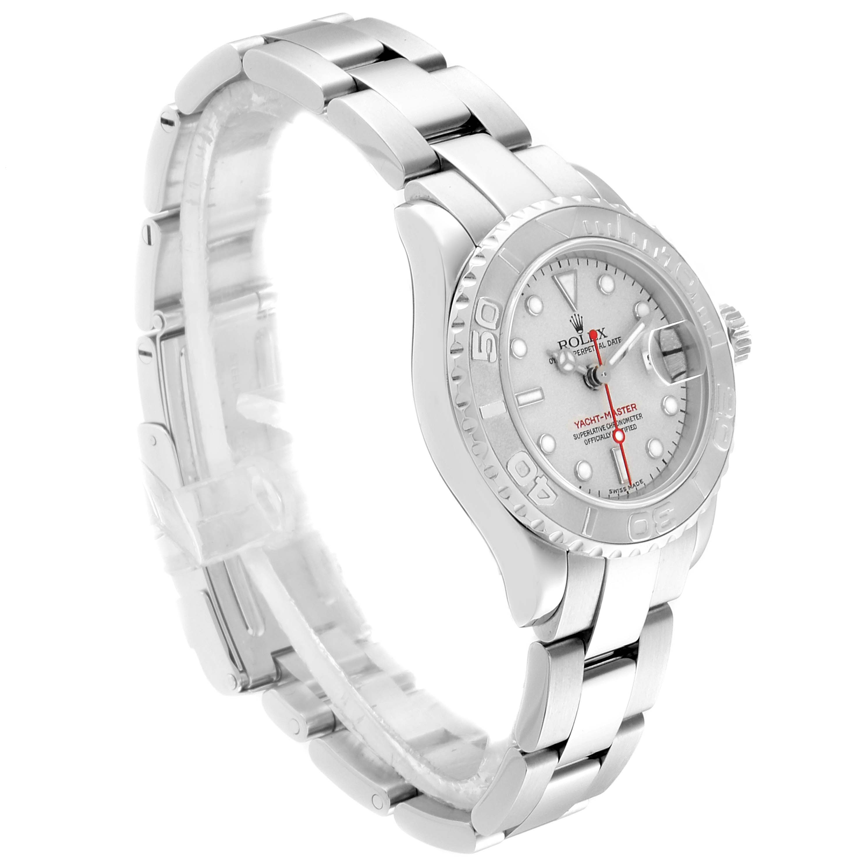 The image shows a side angle of a Rolex Yacht-Master 169622 Women's Stainless Steel Silver Dial 169622 Women's Stainless Steel Silver Dial watch, highlighting its bracelet, bezel, and dial.