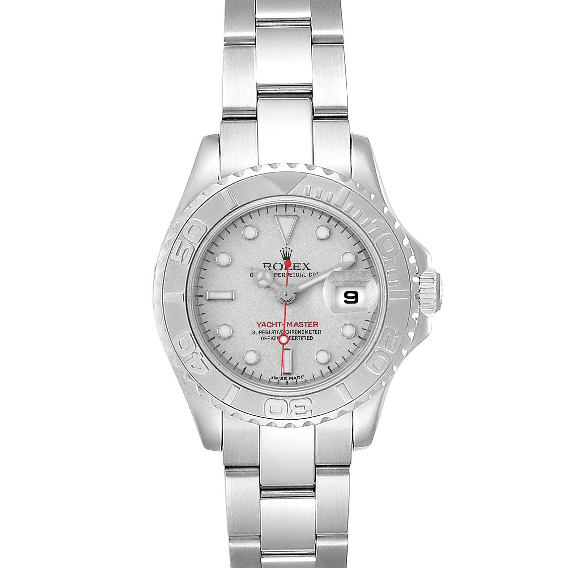The image shows a front view of a Rolex Yacht-Master 169622 Women's Stainless Steel Silver Dial 169622 Women's Stainless Steel Silver Dial watch, featuring its dial, bezel, bracelet, and date display.