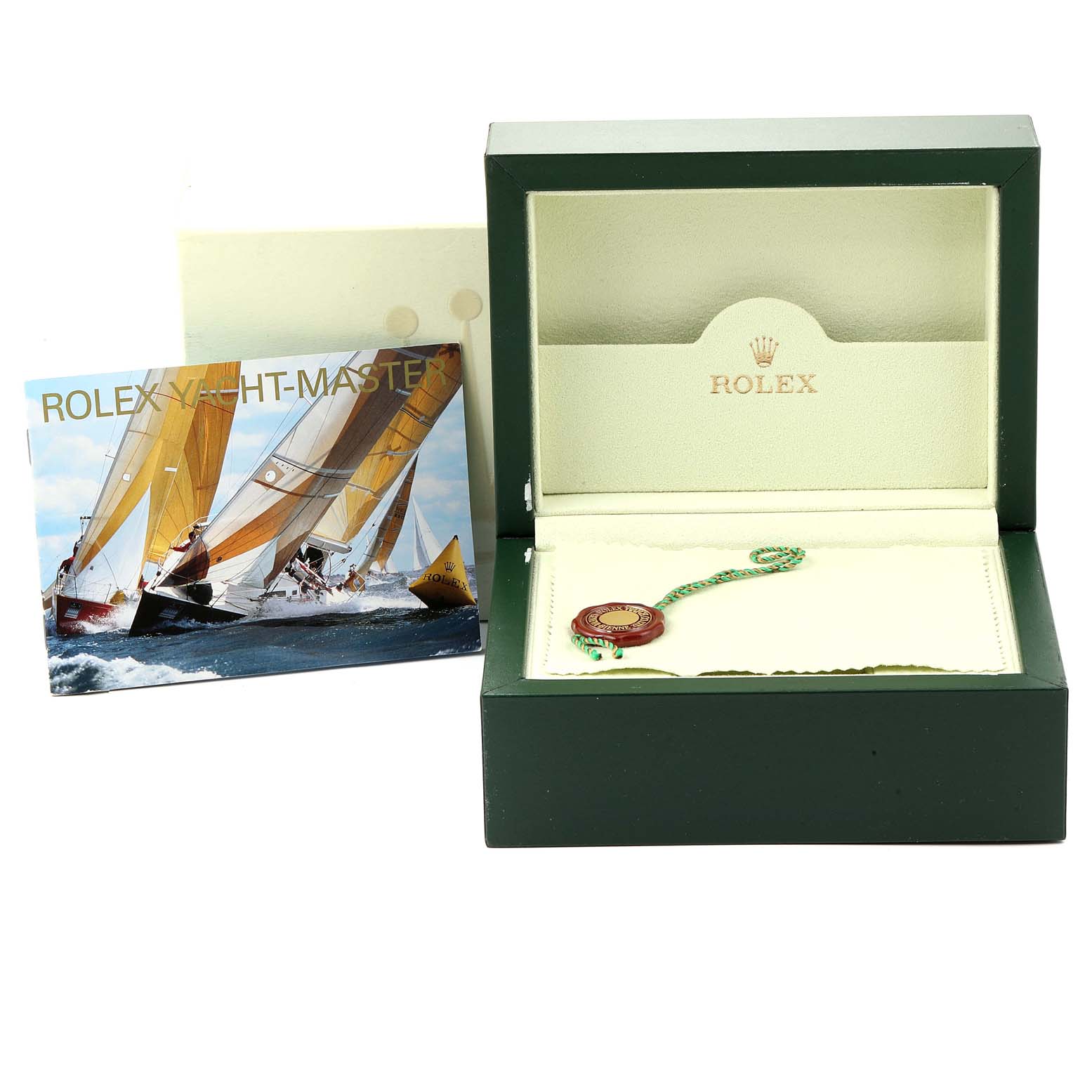 The image shows the empty box and booklet of a Rolex Yacht-Master 169622 Women's Stainless Steel Silver Dial 169622 Women's Stainless Steel Silver Dial watch.