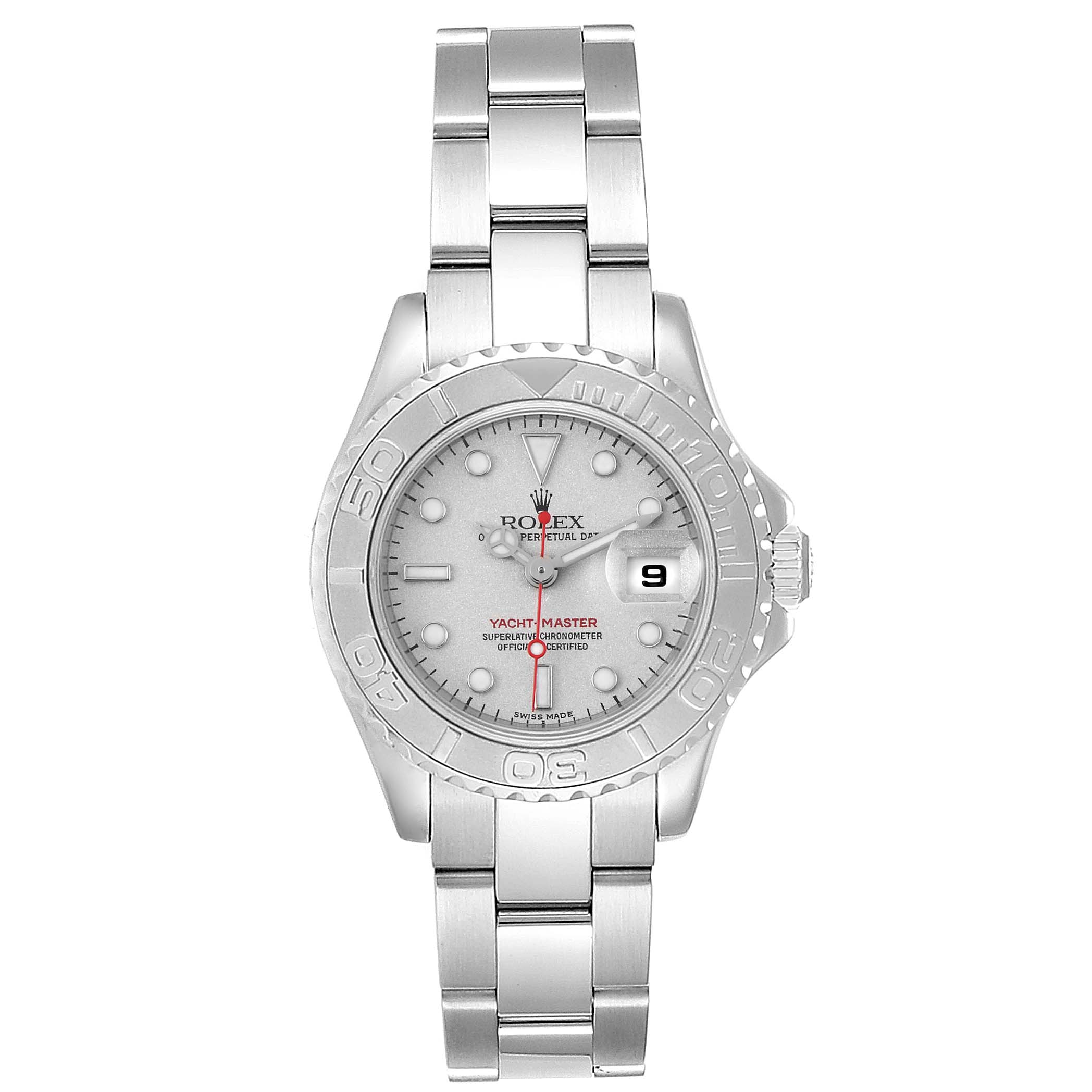 This image shows a front view of a Rolex Yacht-Master 169622 Women's Stainless Steel Silver Dial 169622 Women's Stainless Steel Silver Dial watch, displaying its dial, bezel, and bracelet.