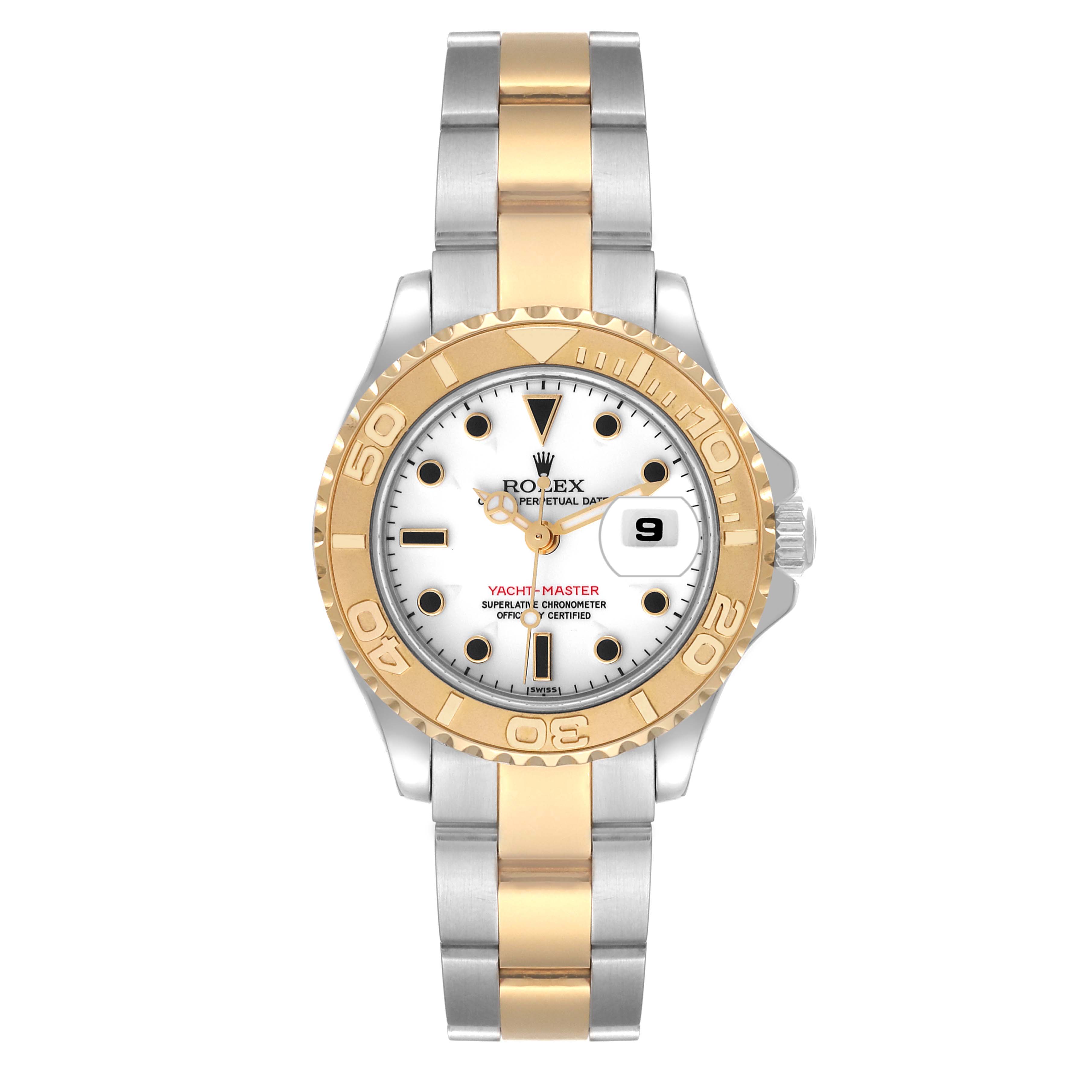 The Rolex Yacht-Master 69623 Women's Steel and Gold (two tone) White Dial 69623 Women's Steel and Gold (two tone) White Dial watch is shown from a top-down angle, displaying its bezel, dial, hands, bracelet, and date window.