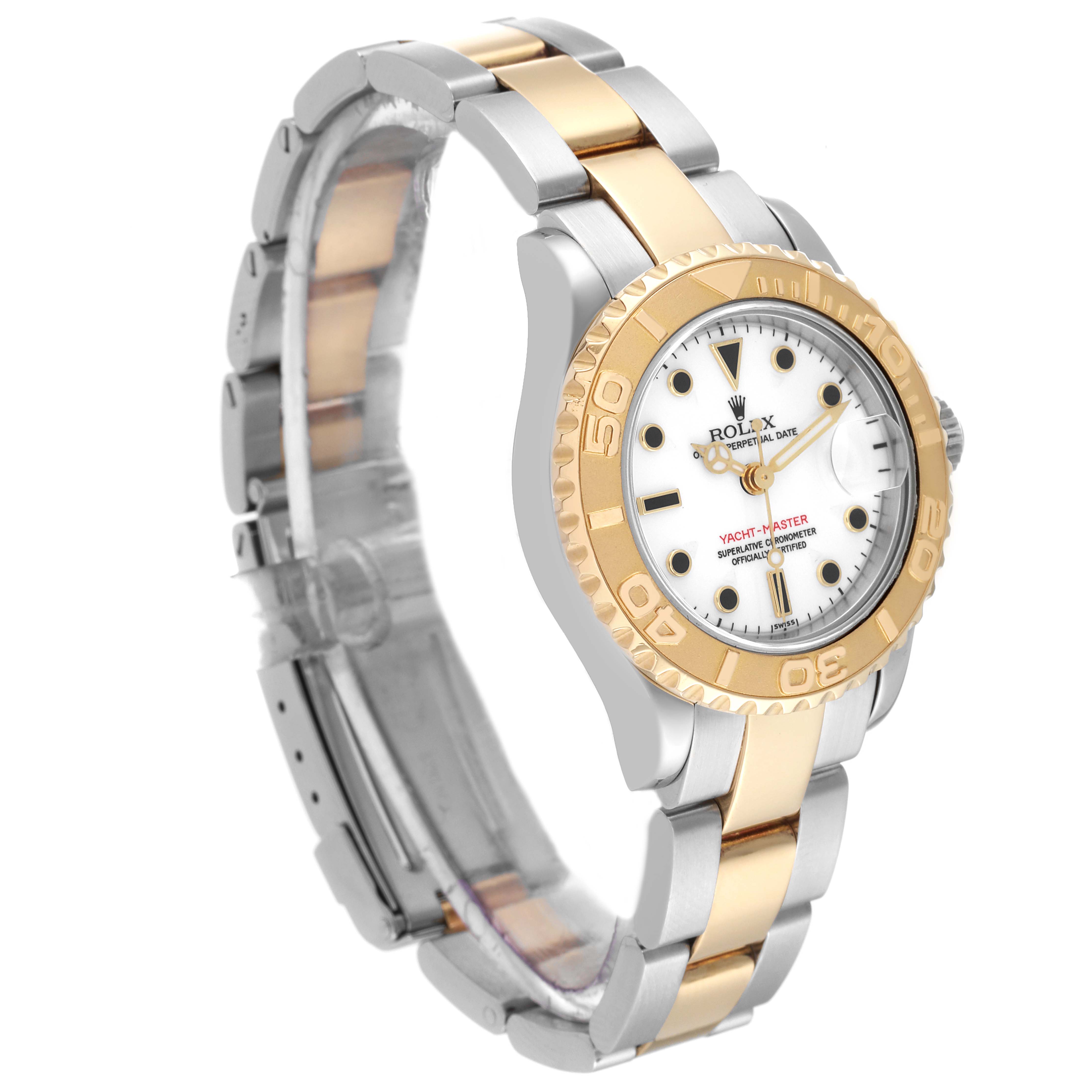 The Rolex Yacht-Master 69623 Women's Steel and Gold (two tone) White Dial 69623 Women's Steel and Gold (two tone) White Dial watch is shown at a three-quarter angle, highlighting its two-tone bracelet and white face with a gold bezel.