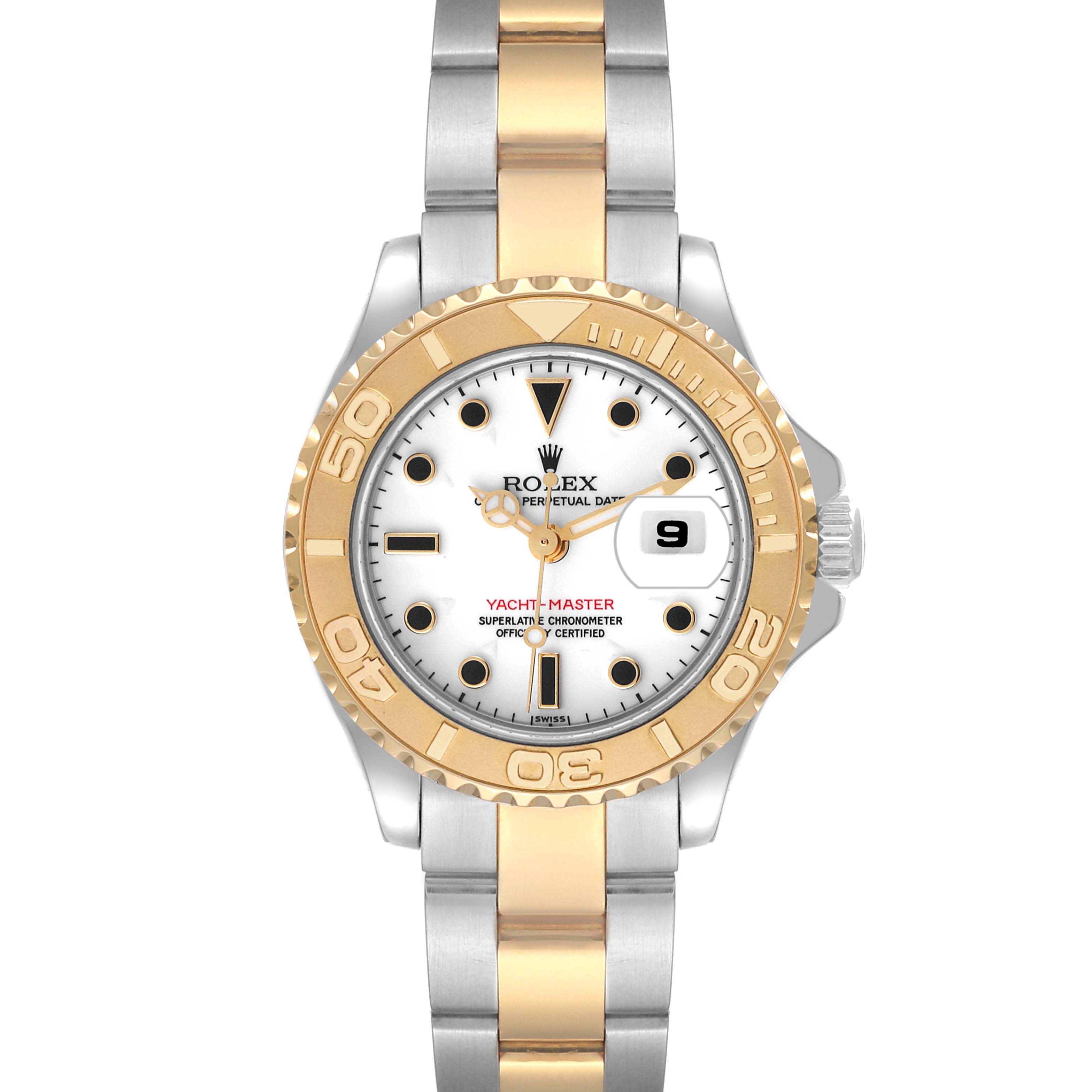 This image shows a Rolex Yacht-Master 69623 Women's Steel and Gold (two tone) White Dial 69623 Women's Steel and Gold (two tone) White Dial watch from a top-down angle, including the face, bezel, crown, and bracelet.