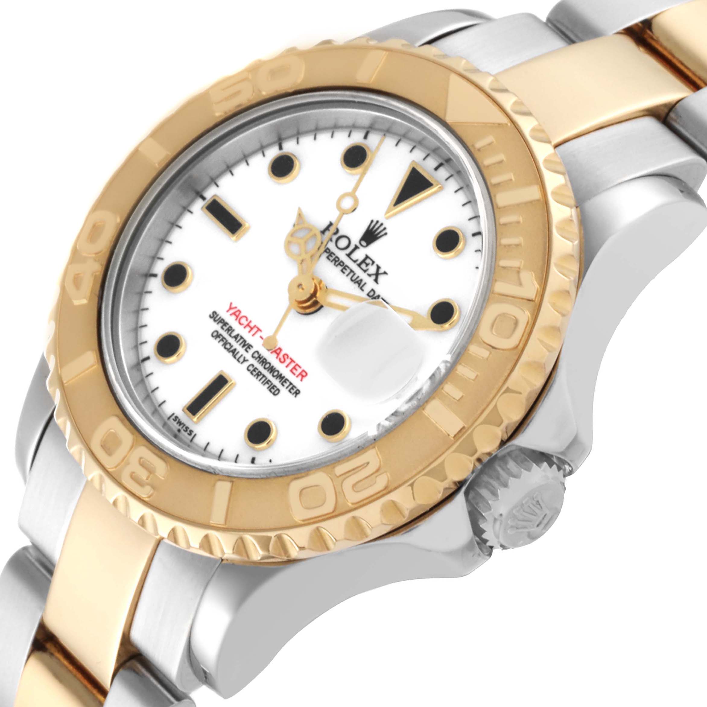 The image shows a side angle of the Rolex Yacht-Master 69623 Women's Steel and Gold (two tone) White Dial 69623 Women's Steel and Gold (two tone) White Dial watch, highlighting the bezel, crown, and part of the bracelet.