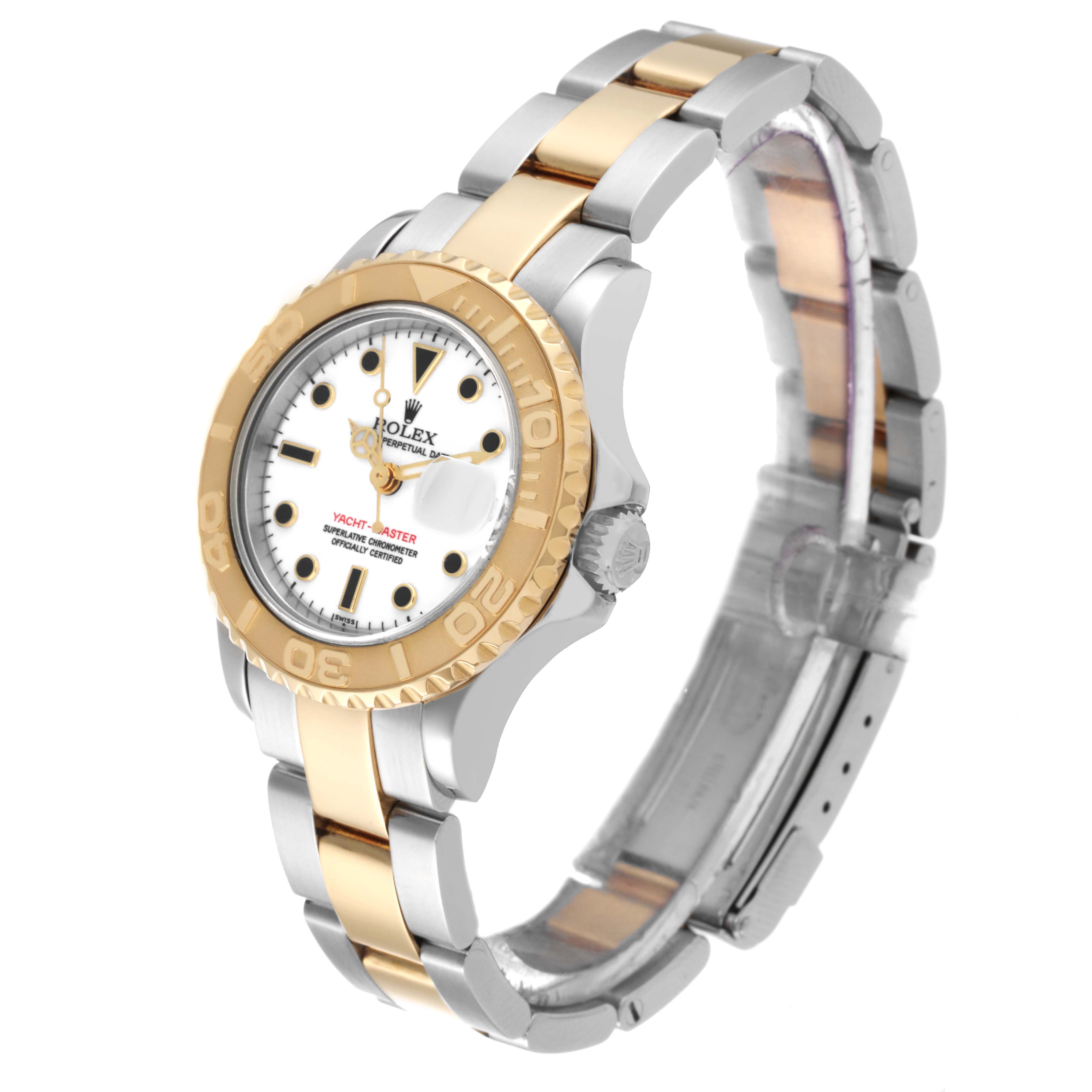 The image shows a Rolex Yacht-Master 69623 Women's Steel and Gold (two tone) White Dial 69623 Women's Steel and Gold (two tone) White Dial watch angled from the front-right, highlighting the dial, bezel, and bracelet.