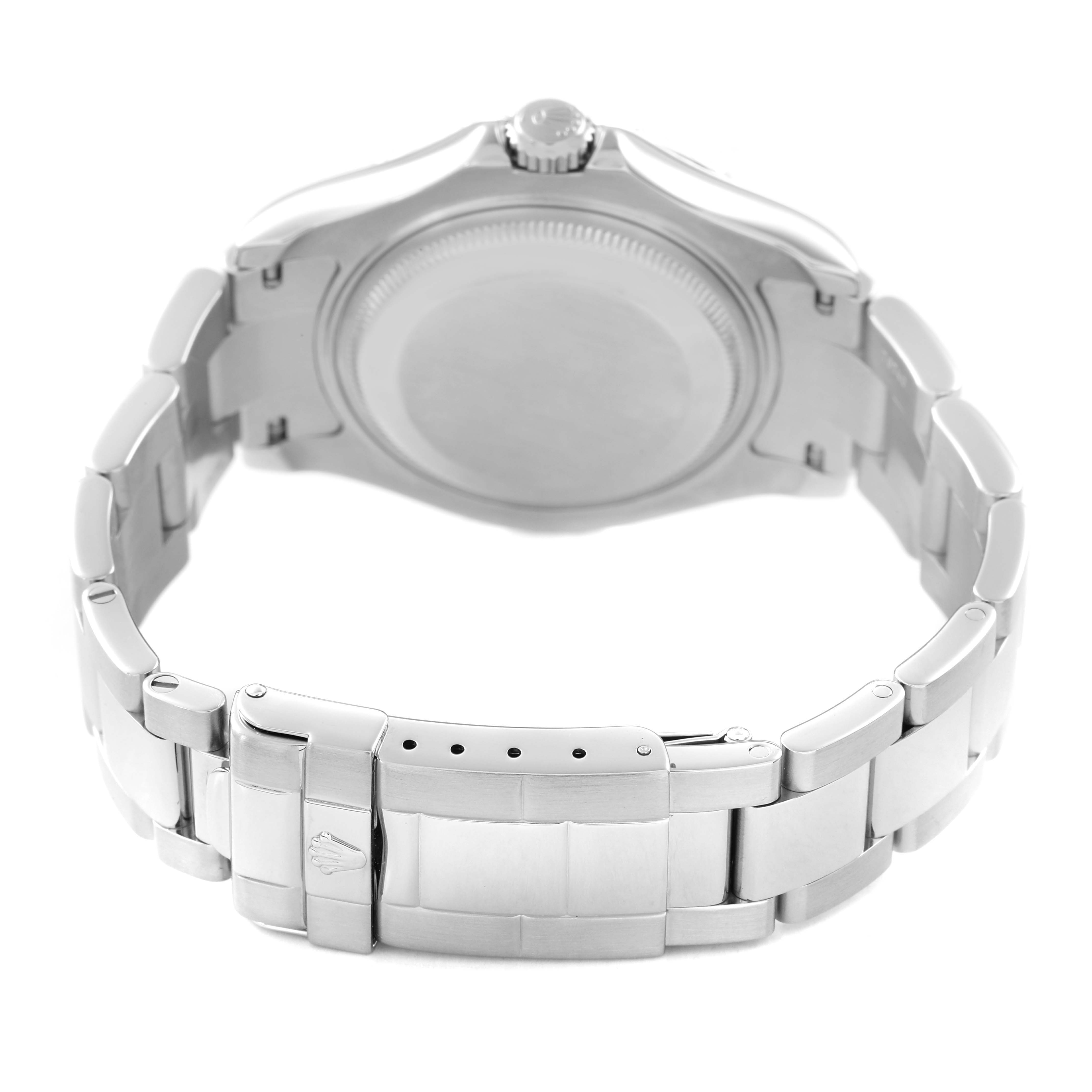 The image shows the back view of the Rolex Yacht-Master 168622 Men's Stainless Steel Silver Dial watch, highlighting the bracelet and clasp.