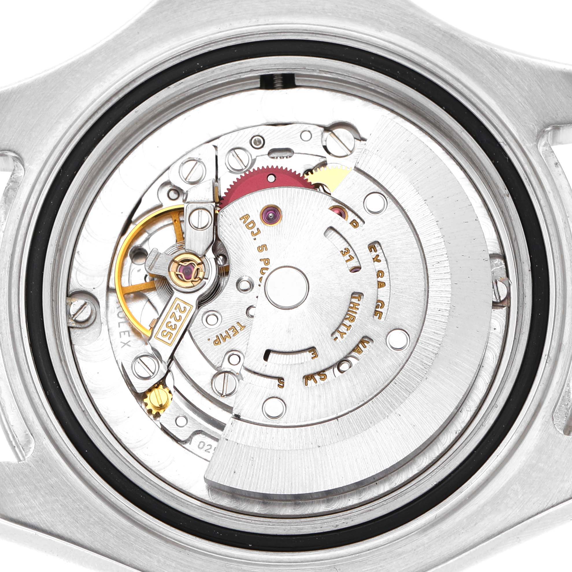 The image shows an open view of the movement inside a Rolex Yacht-Master 168622 Men's Stainless Steel Silver Dial watch, highlighting its intricate components.