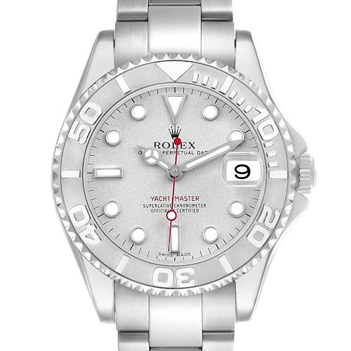 The Rolex Yacht-Master 168622 Men's Stainless Steel Silver Dial watch is shown from a front-facing angle, displaying the dial, bezel, and bracelet.