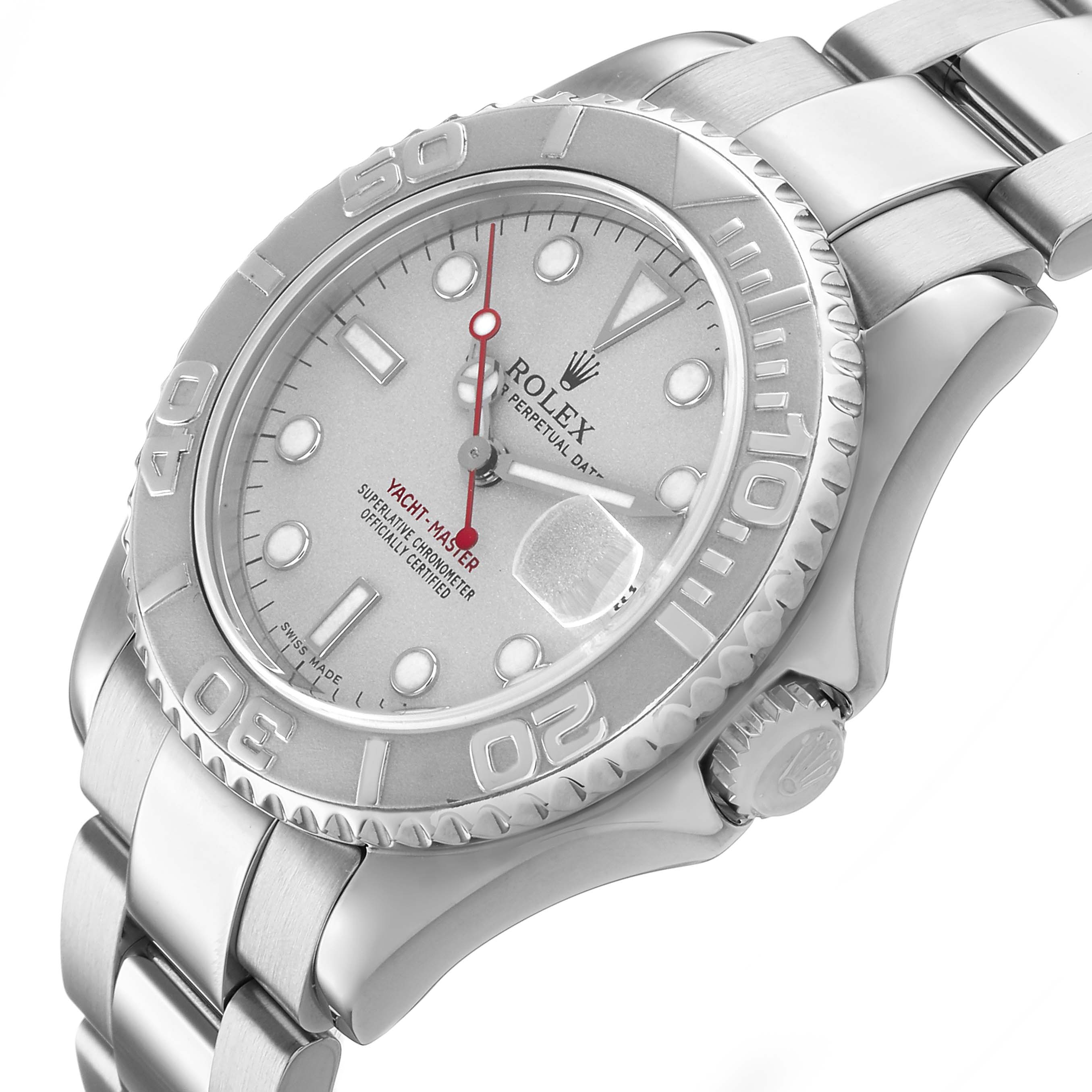 The Rolex Yacht-Master 168622 Men's Stainless Steel Silver Dial watch is displayed at a slight angle, showing the dial, bezel, crown, and part of the bracelet.