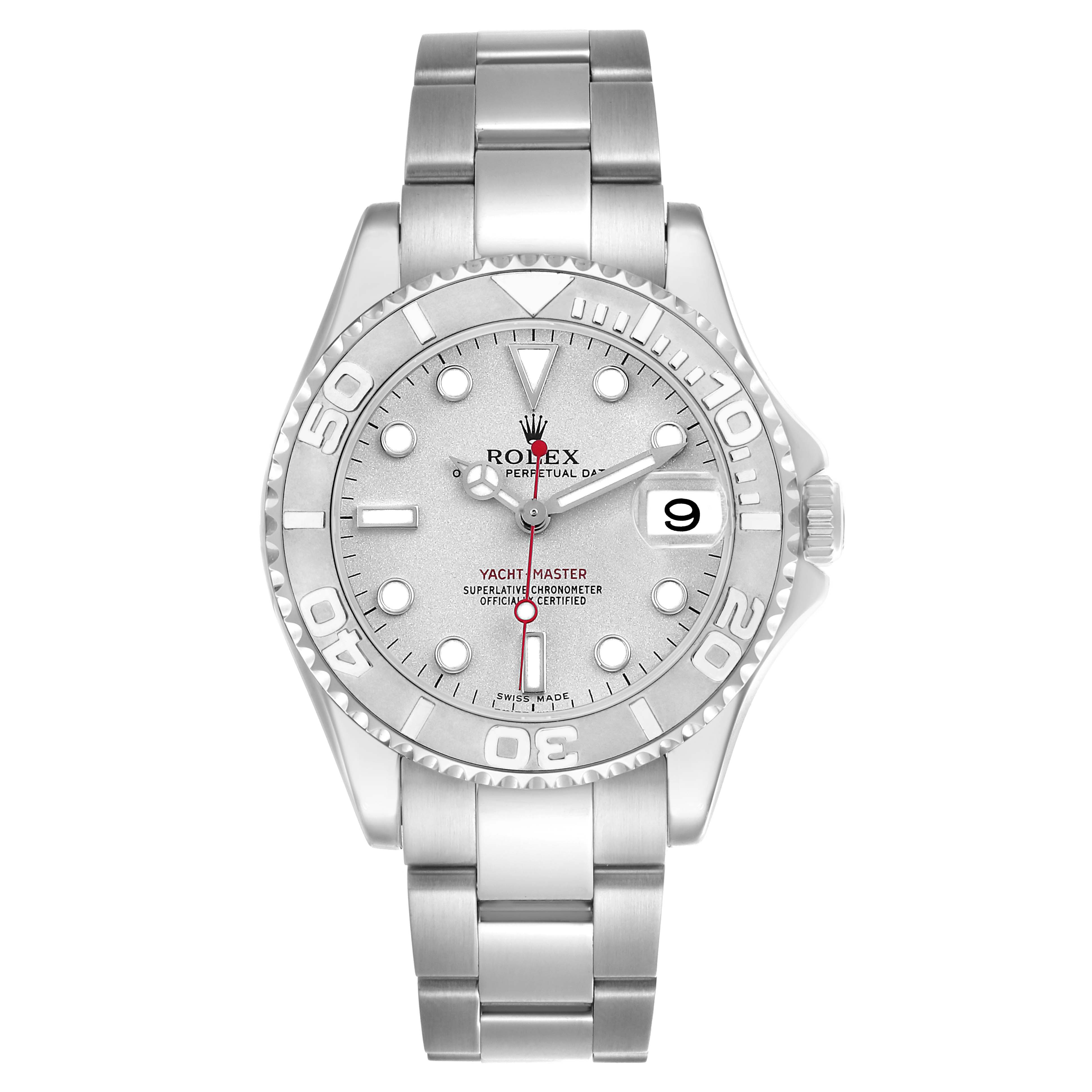 The Rolex Yacht-Master 168622 Men's Stainless Steel Silver Dial is shown face-on, highlighting the dial, bezel, hands, bracelet, and date window.