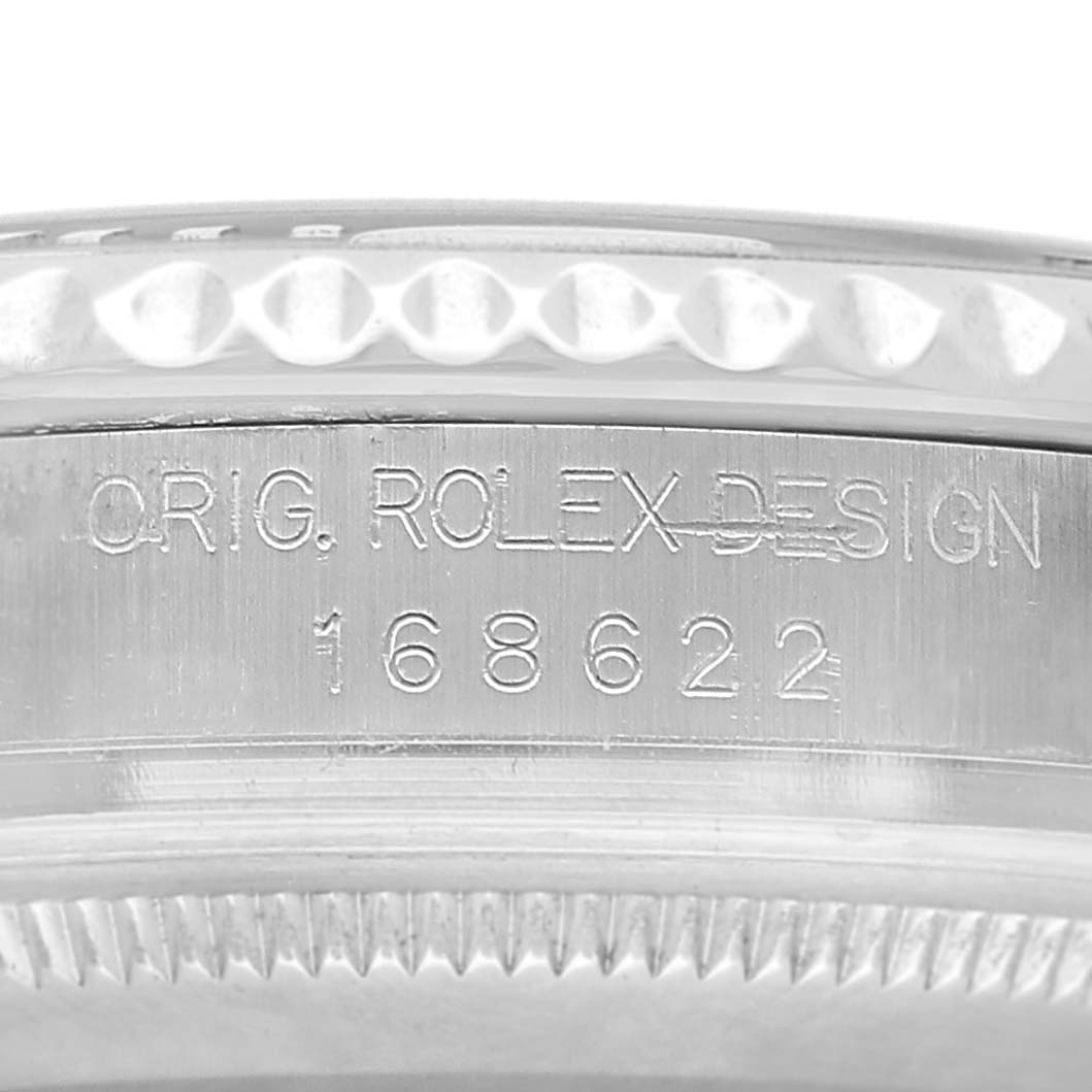The image shows a close-up of the side of a Rolex Yacht-Master 168622 Men's Stainless Steel Silver Dial watch, focusing on the engraved model number "168622."