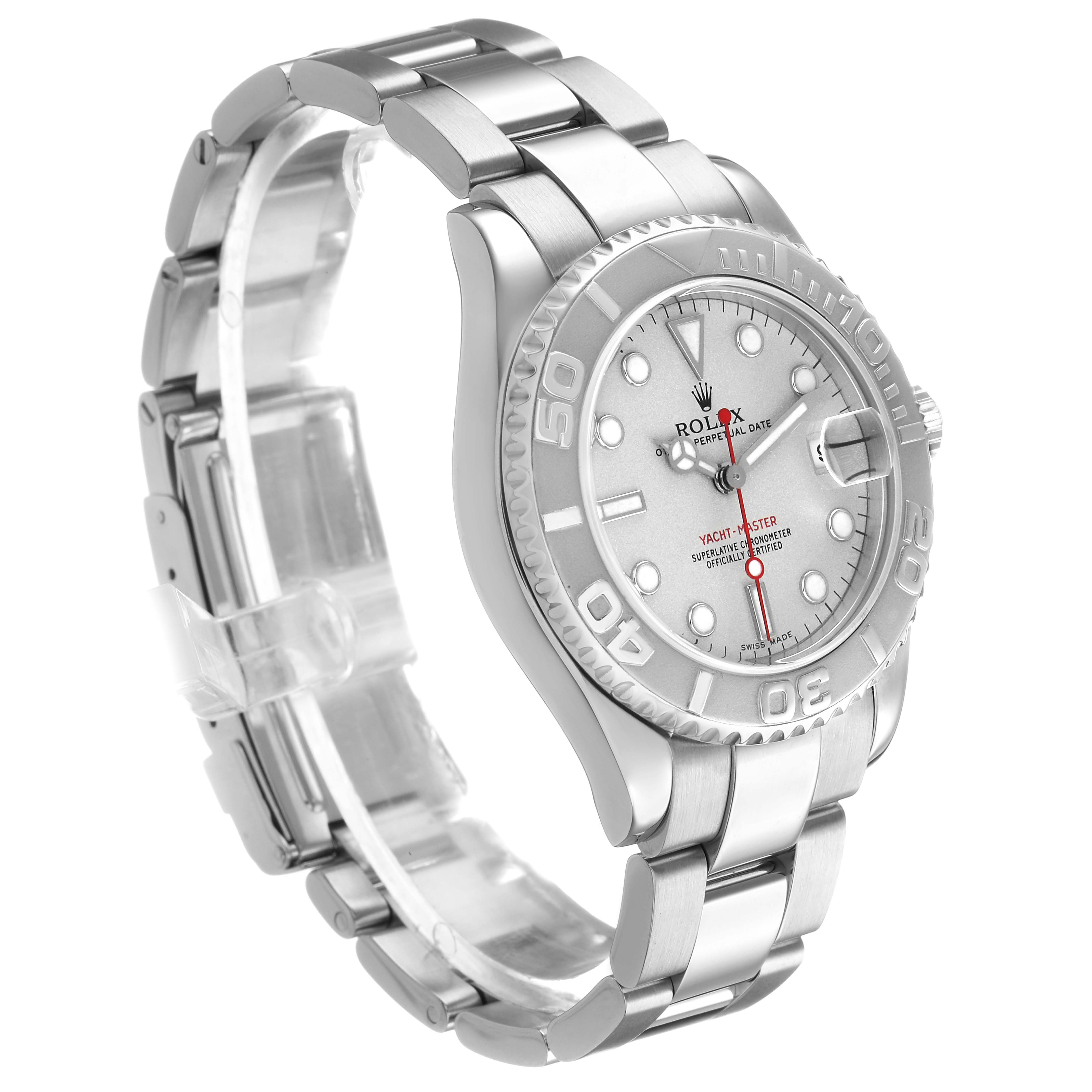 The Rolex Yacht-Master 168622 Men's Stainless Steel Silver Dial watch is shown at a three-quarter angle, highlighting its bezel, dial, and bracelet.