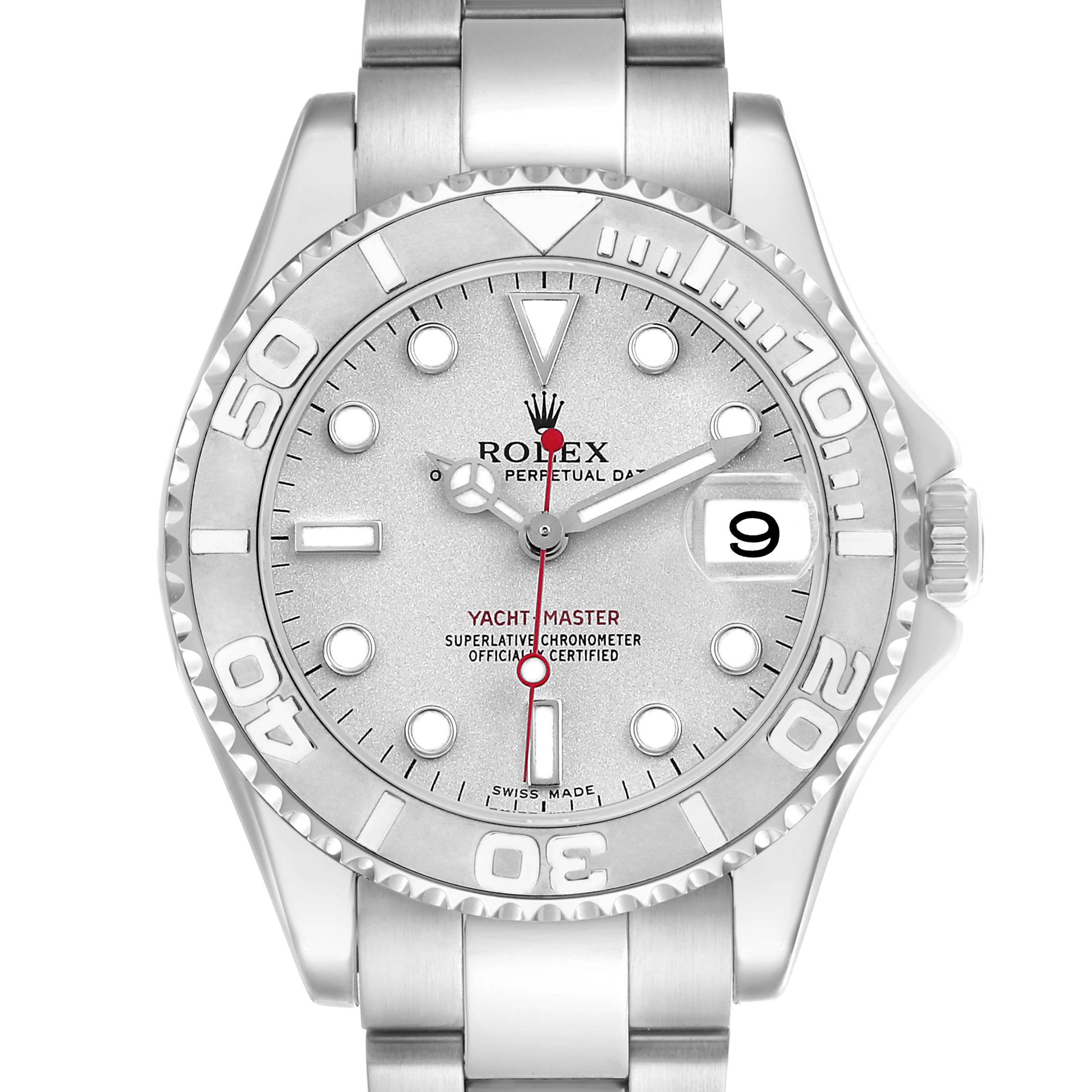 The Rolex Yacht-Master 168622 Men's Stainless Steel Silver Dial watch is shown from a top view, highlighting the dial, bezel, and bracelet.